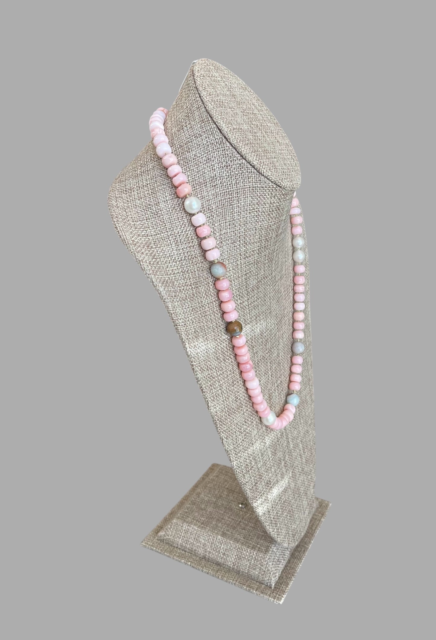 The Audrey Necklace: Natural pink opals hand knotted on pale green silk w Pearls and Amazonite
