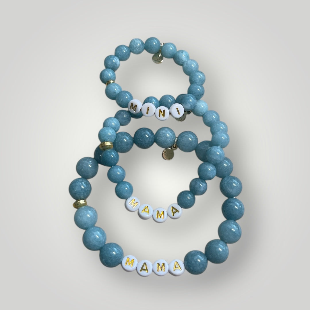 Mama & Mini Bracelets: Blue Jade round bead stretch bracelets Gold accents
