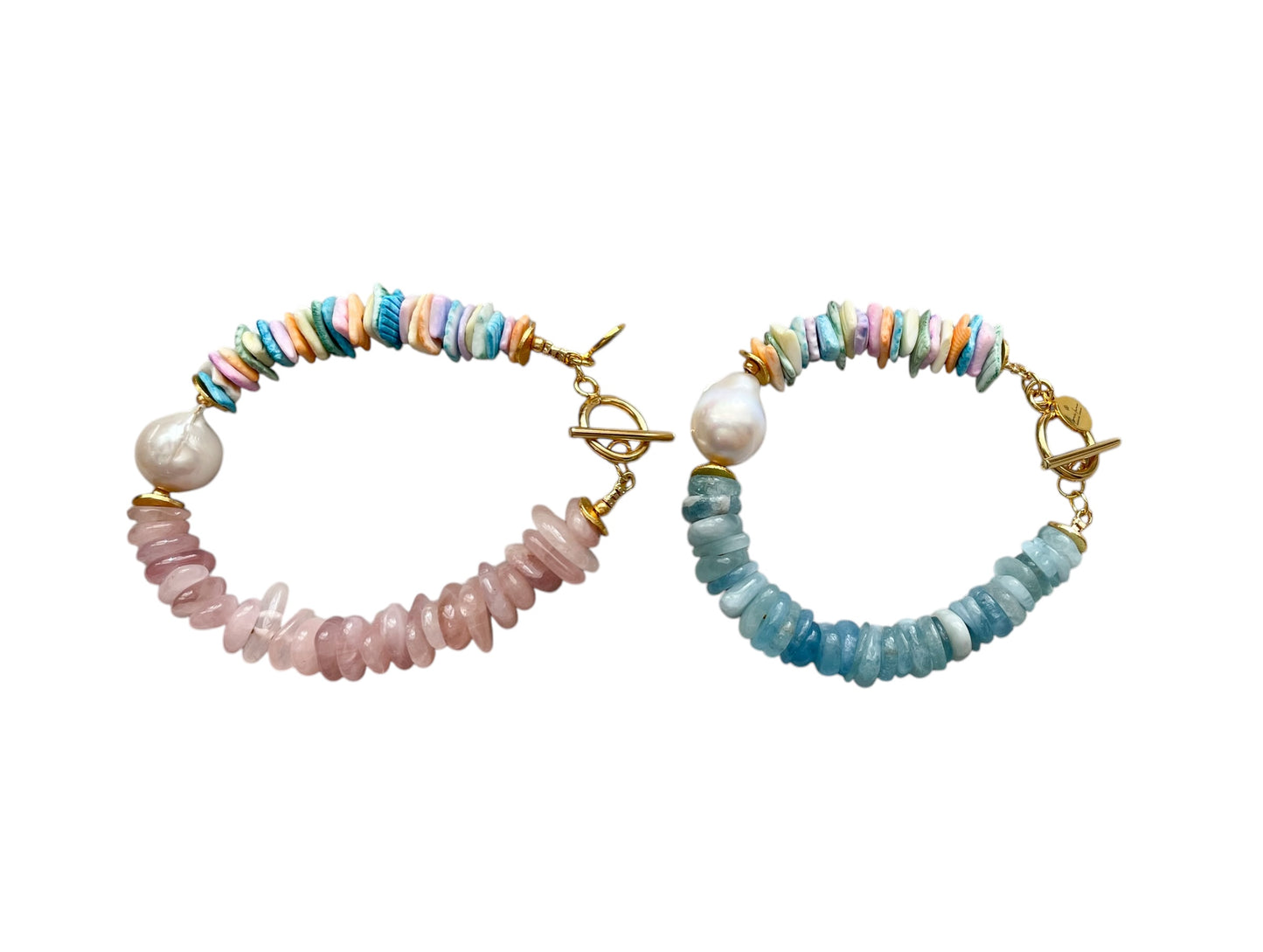Chic Island Bracelets: Pastel dyed Puka shell, Flawless Baroque Pearl, Aquamarine OR Rose Quartz, Gold accents