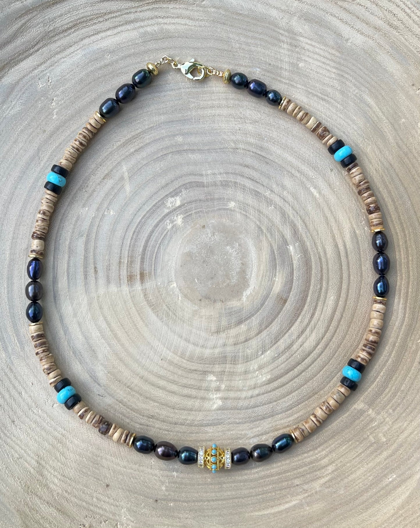 Coconut Midnight Pearl Necklace: Coconut Shell, Freshwater midnight Pearls, Turquoise & gold accents OOAK