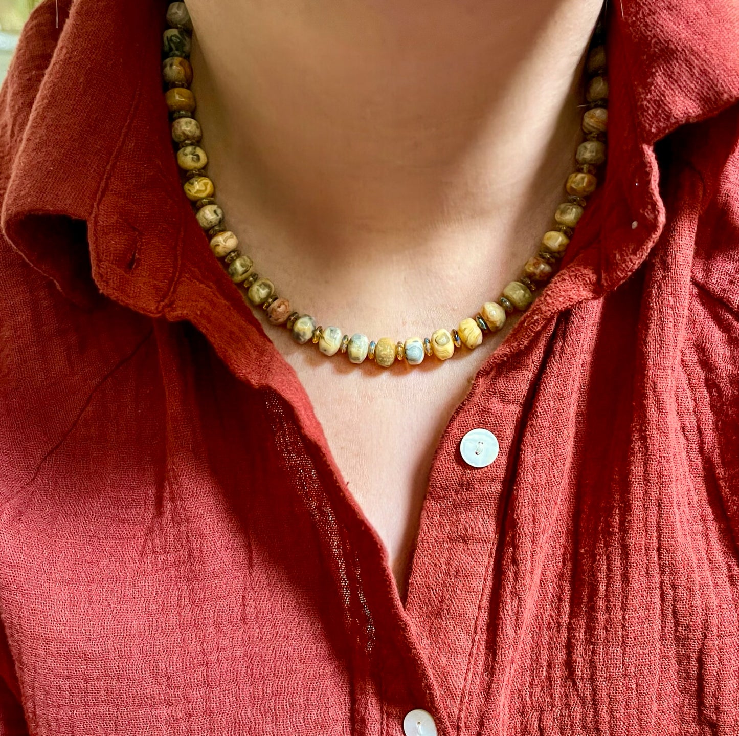 Autumn’s Embrace Necklace: Crazy Lace Agate natural stones in warm tones, Accented w Czech glass, Baltic stones and Gold charms