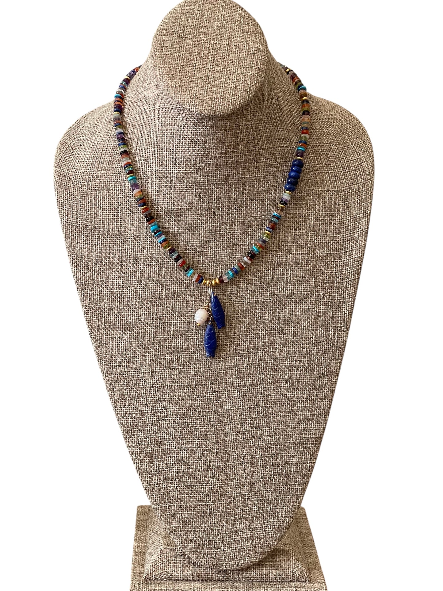 Catch O’ the Day Necklace: Mixed Multi Gemstones w Lapis & gold accents Lapis fish & Pearl Charms OOAK