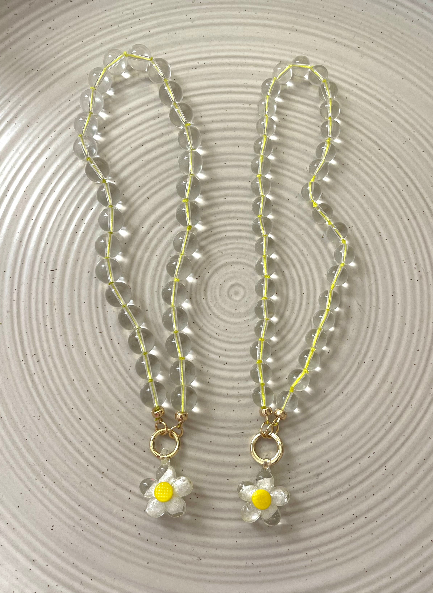 Bright Bubble Necklace: Clear Glass Bubble Beads Handknotted on Neon Yellow Silk Thread Gold Circle Clasp Handmade Glass Daisy Pendants 2 Bead Options: 8mm or 10mm