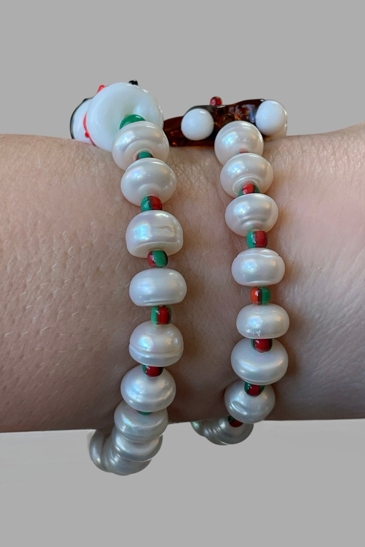 Holiday Snowball Bracelets: Hand painted glass centerpiece on a Freshwater Pearl stretch bracelet FREE SHIPPING