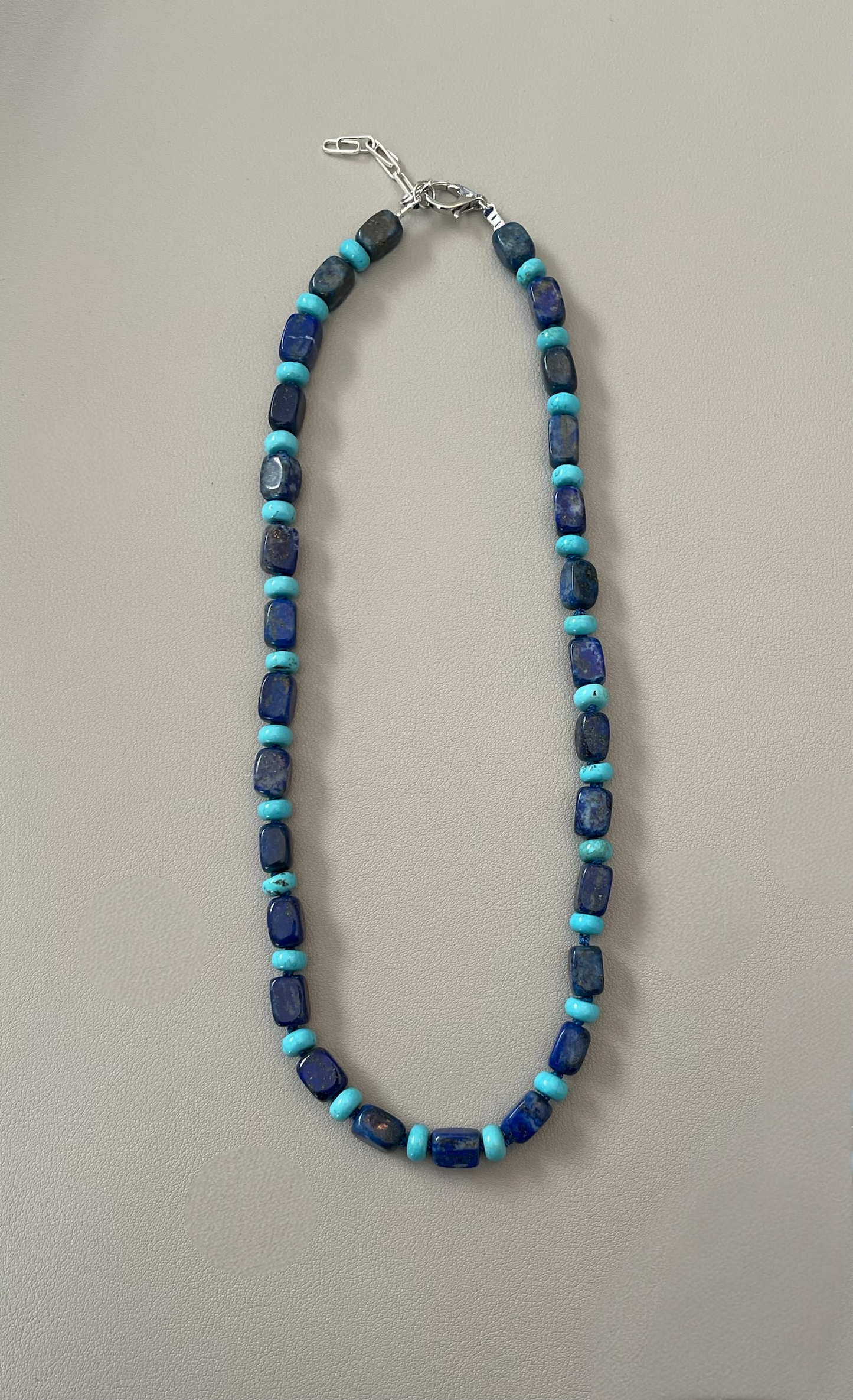 The Catherine Necklace: Gorgeous Lapis Lazuli barrel shaped beads hand knotted on silk w Turquoise accent beads Silver clasp