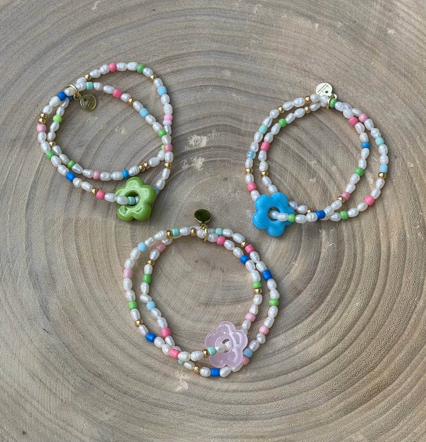 Candy Petals Bracelet Duo: Freshwater Pearls with candy colored accents 2 Stretch Bracelets Choose pink green or blue flower