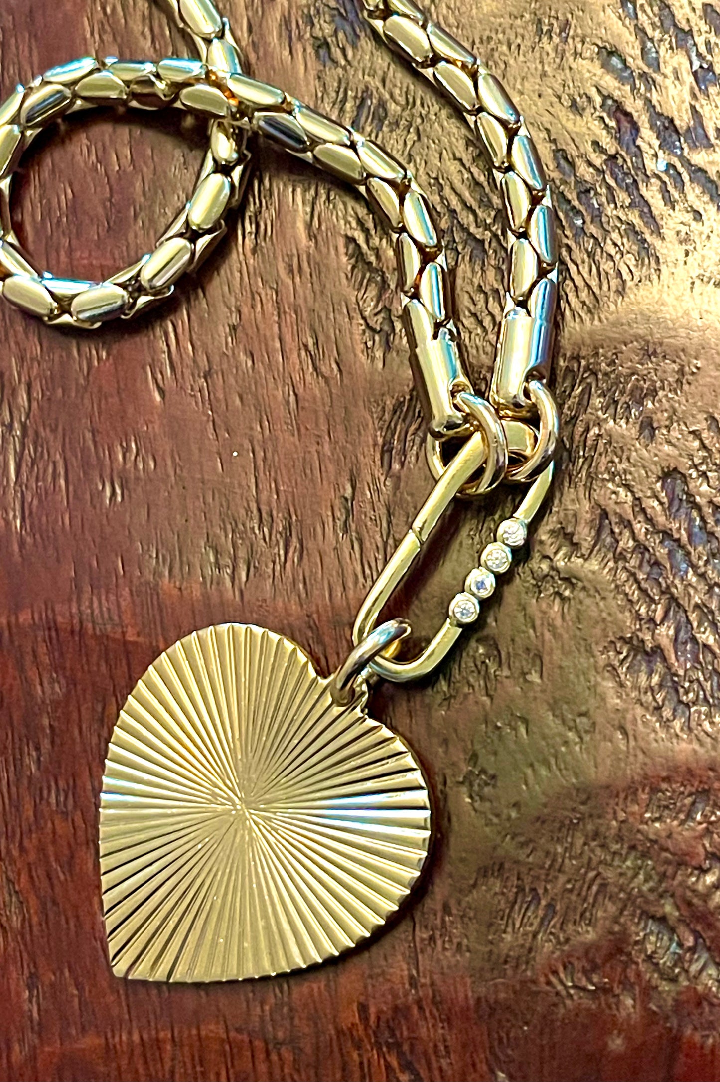 OOAK Art Deco Heart Necklace: Thick Cobra chain made of high quality tarnish resistant gold plated brass, features a gorgeous Art Deco heart pendant. Gold Filled Push gate clasp with 4 Bezel set Cubic Zirconia accent stones
