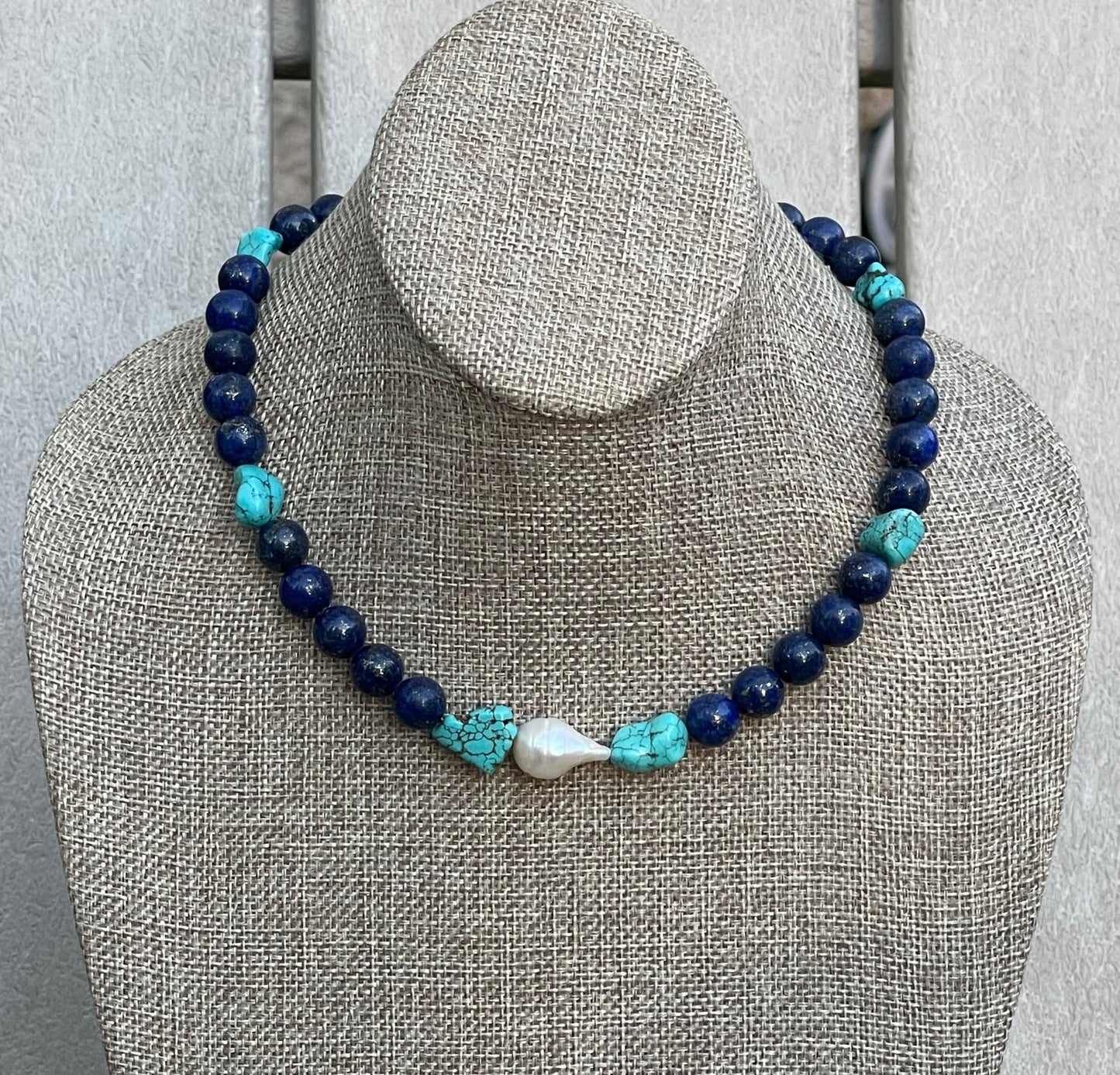 Deep Sea Muse: AAA quality Lapis Lazuli beads with Turquoise and a freshwater baroque pearl center OOAK