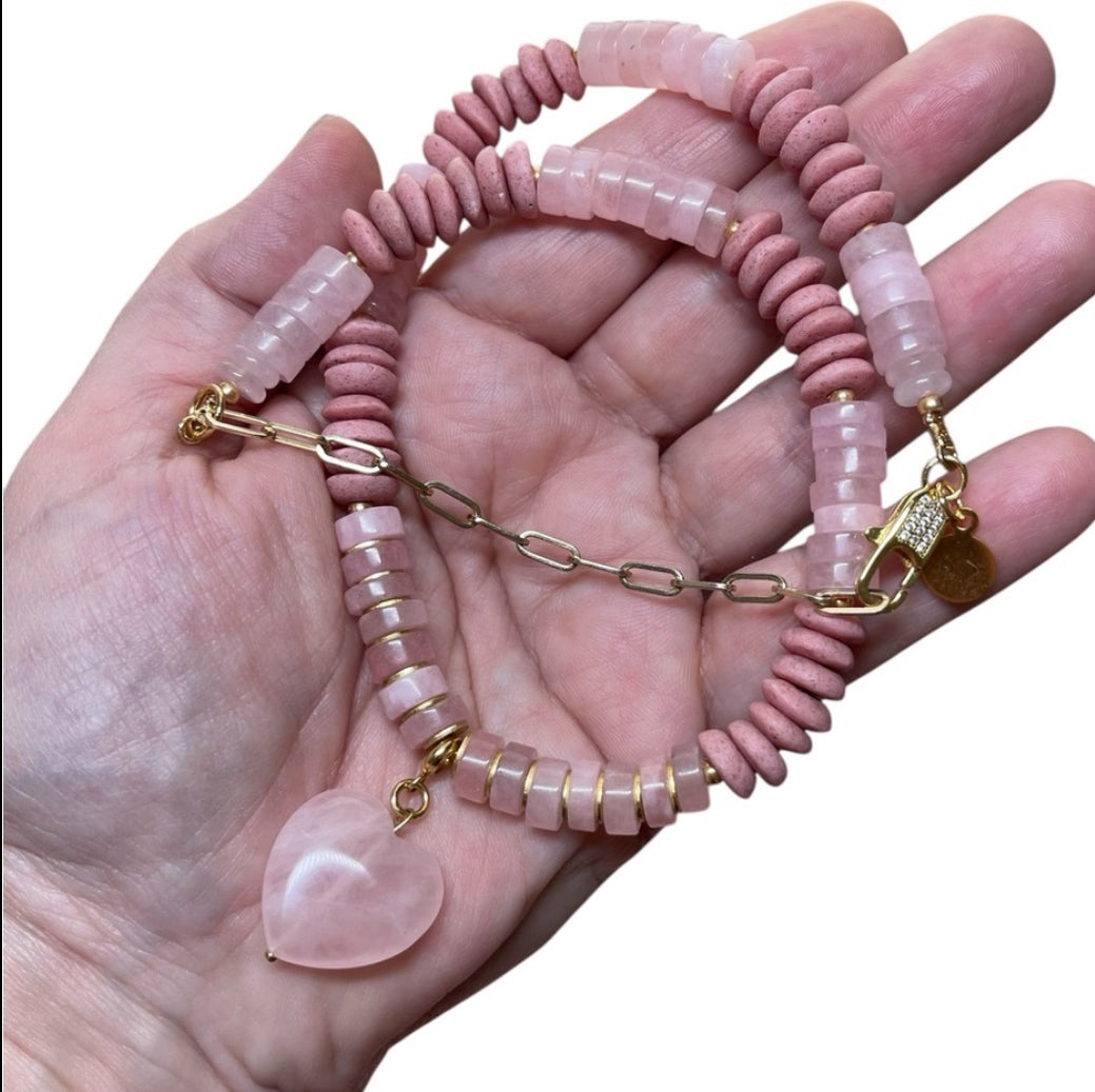 Blush Pink Rose Ashanti Necklace: African Ashanti glass saucer beads mixed with Rose Quartz beads and Rose Quartz heart pendant Brass/old accents OOAK