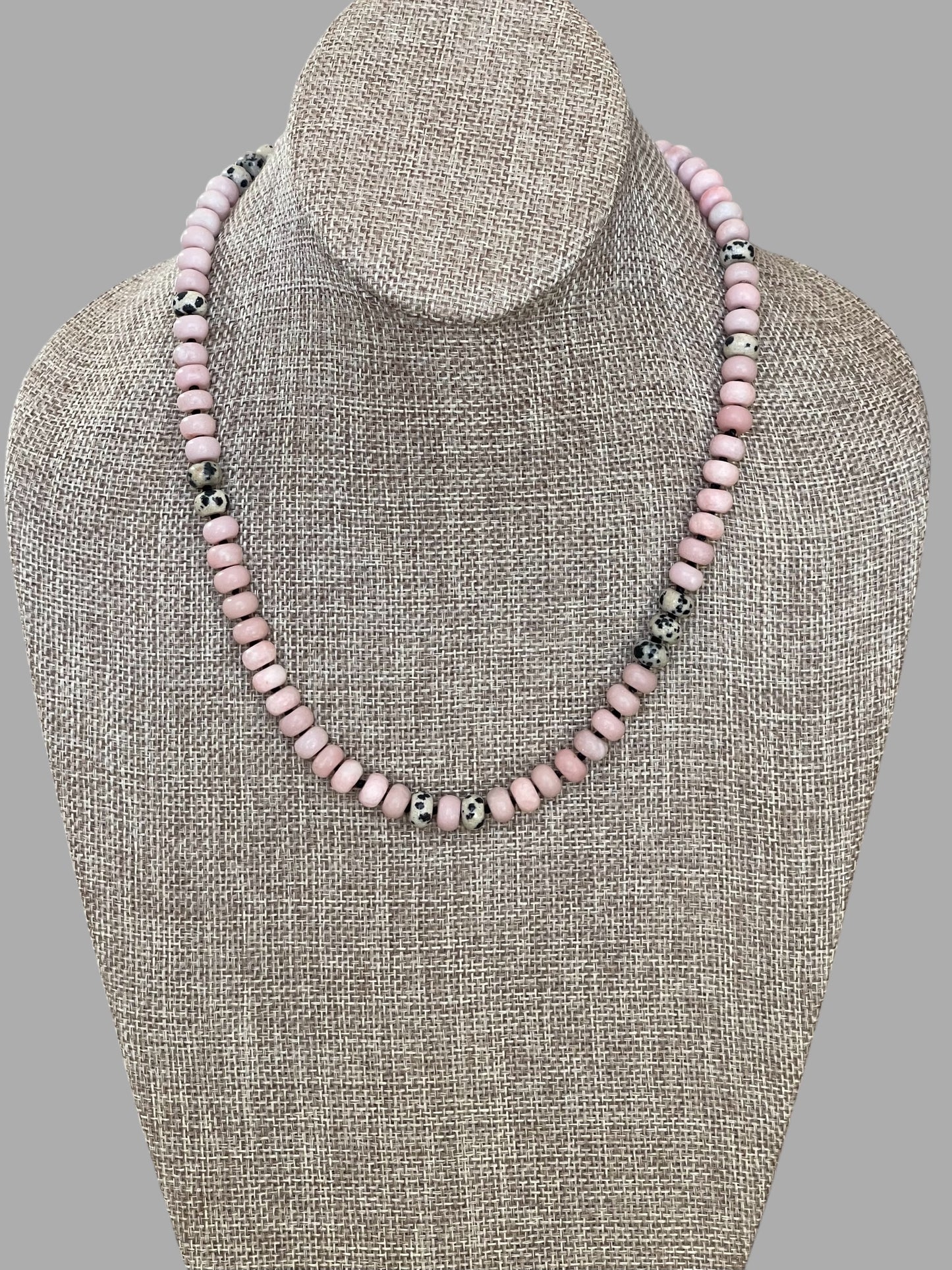 The Pink Leopard Necklace: Natural matte pink opals hand knotted on black silk w Dalmatian Jasper accents Gold pavé leopard heart OOAK