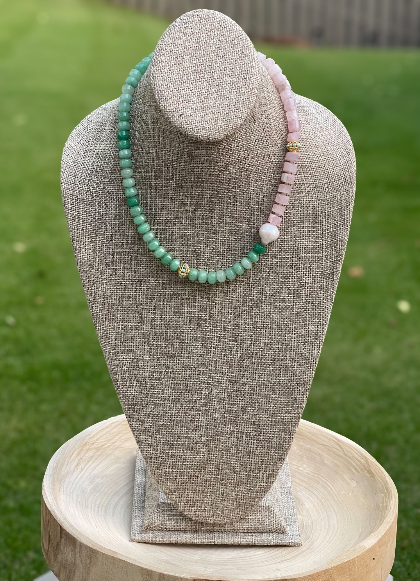 Garden Party OOAK Necklace: Green Aventurine, Rose Quartz, Genuine Baroque Pearl, Pop of Turquoise color in gold accent beads, Gold hook clasp