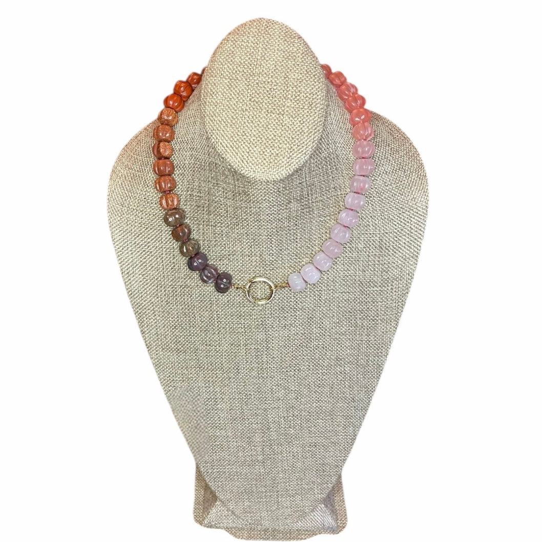 Ombré Roses Necklace OOAK: A stunning mix of hand-carved Gemstones, hand-knotted on pink silk
