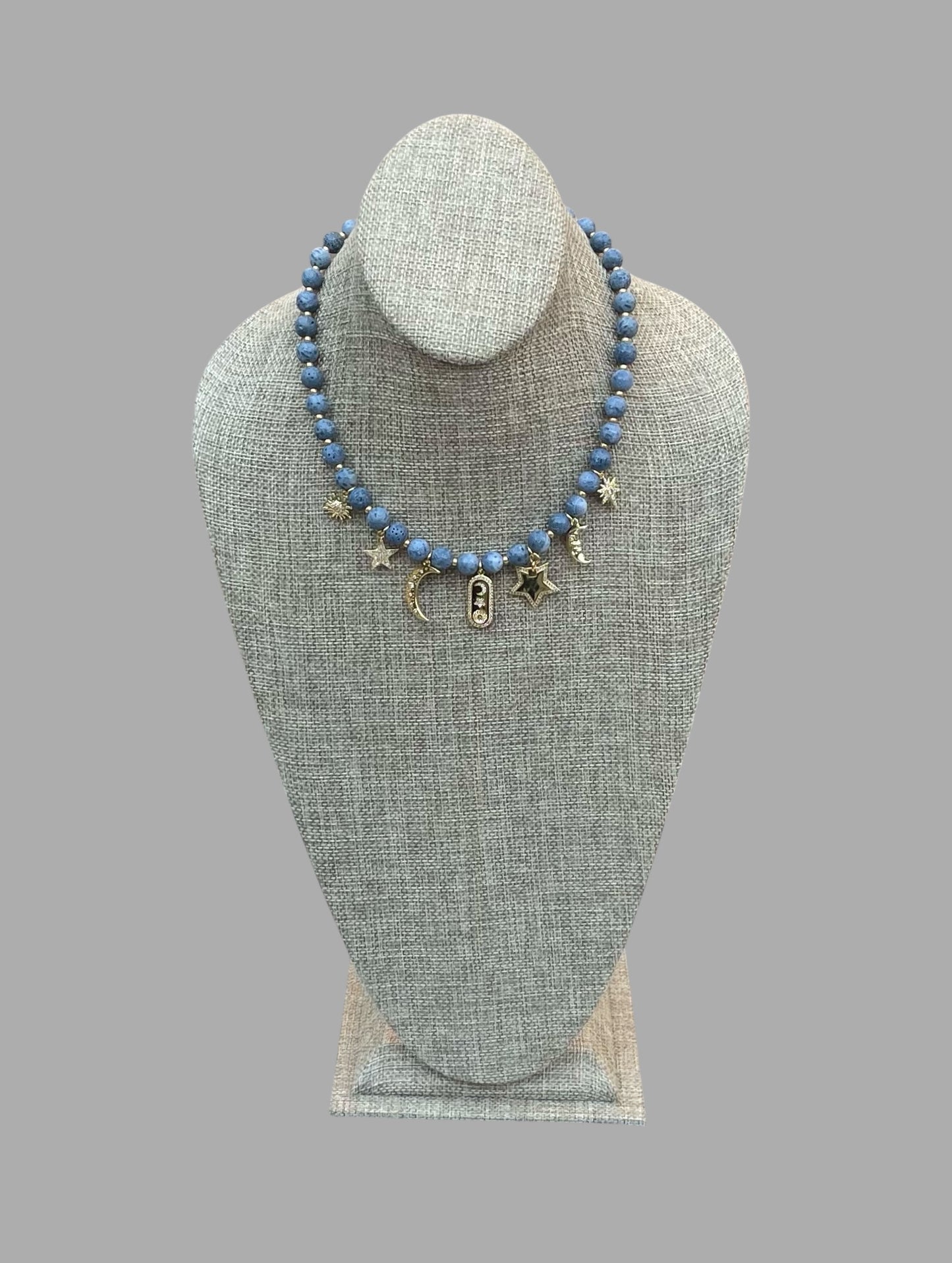 The Celestial Necklace: Indonesian Coral beads perfect for essential oil diffusing, Gold charms with CZ accents