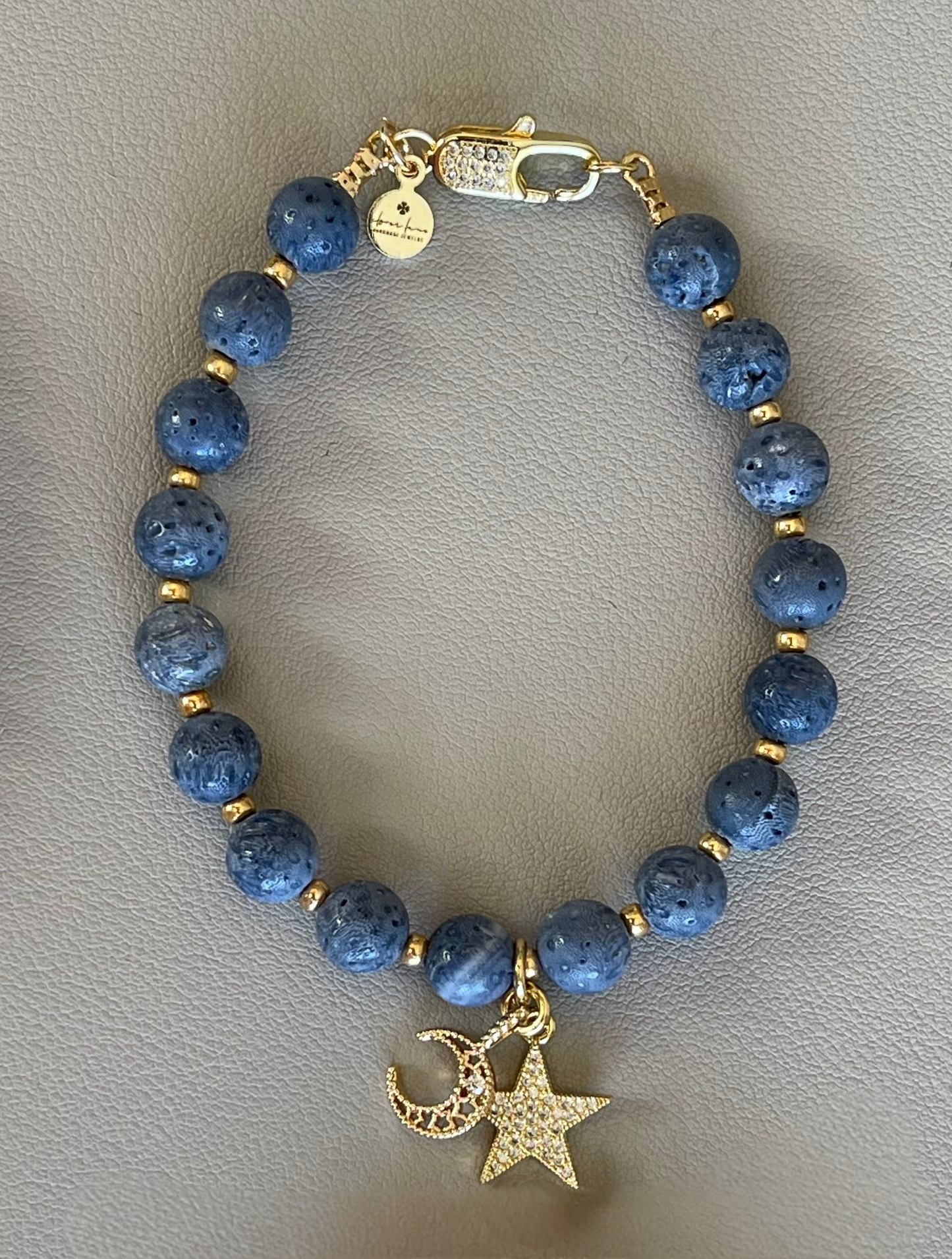 The Celestial Bracelet: Indonesian Coral beads perfect for essential oil diffusing, Gold charms with CZ accents