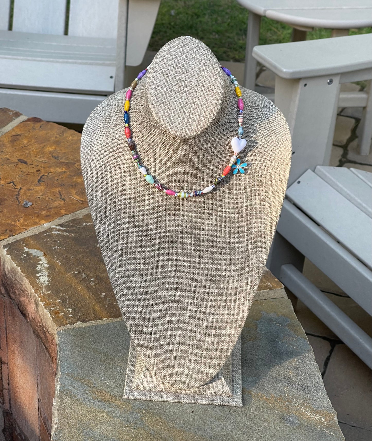 Kindred Colors Necklace: Unique beads handmade in Uganda from recycled paper, glass & acrylic accent beads and a brass flower charm