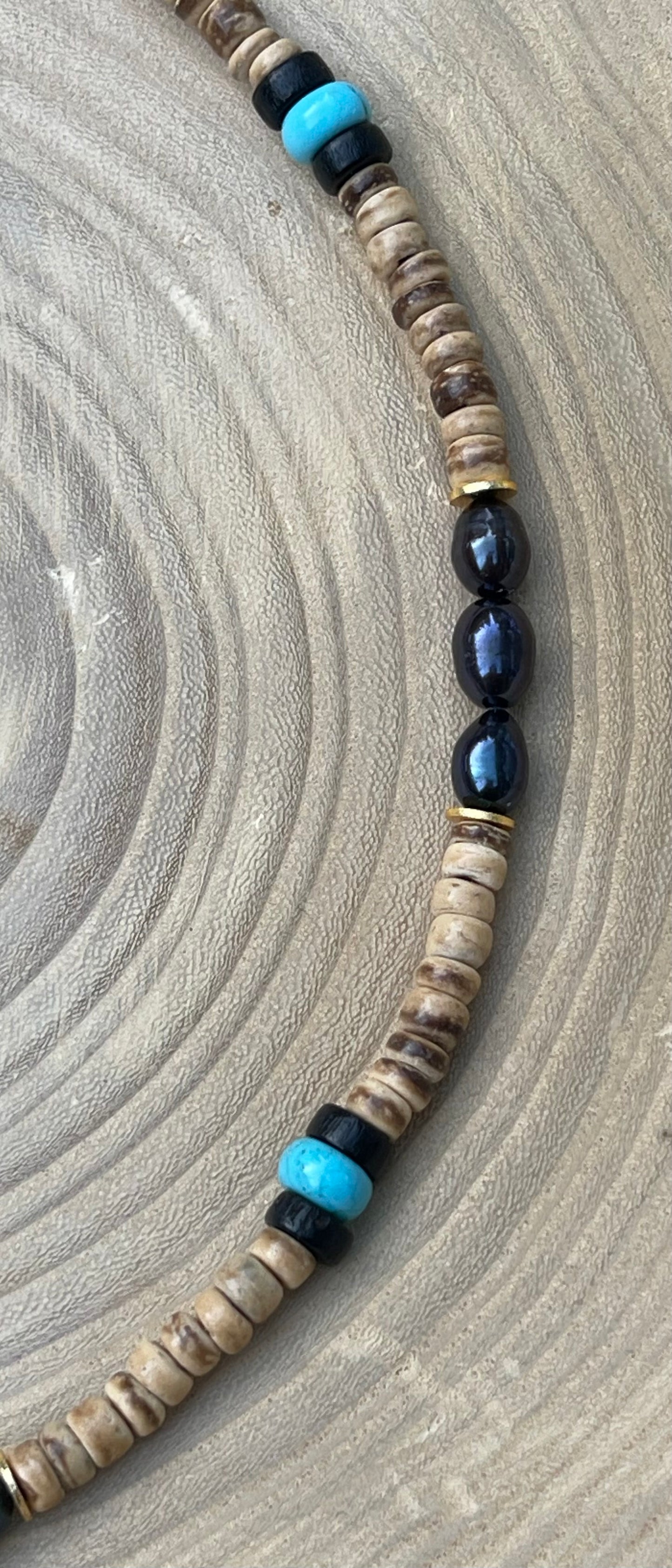 Coconut Midnight Pearl Necklace: Coconut Shell, Freshwater midnight Pearls, Turquoise & gold accents OOAK