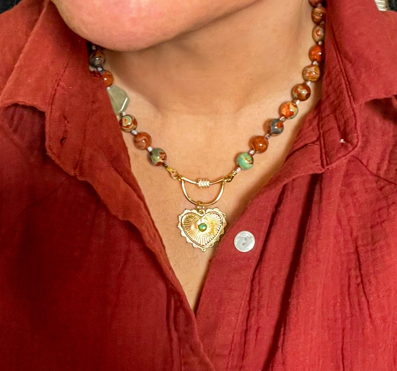 Heirloom Heart Necklace: Red Copper & Sage Agate beads with Green accent stones and a heart pendant