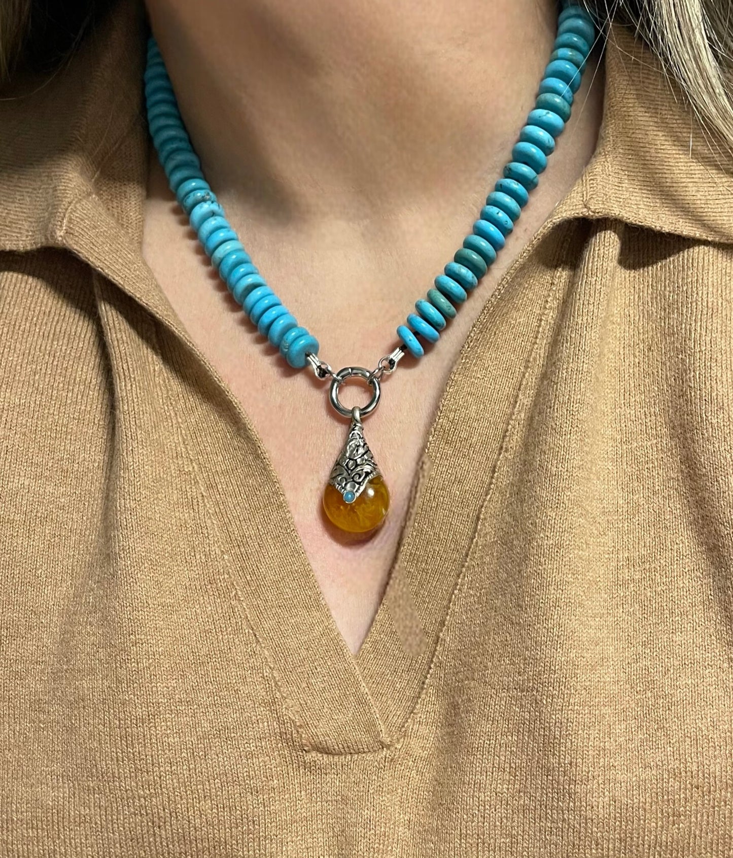 Desert Sky Necklace: Quality Natural Turquoise Hand-knotted on Deep Brown Silk w Pendant Wear 2 Ways