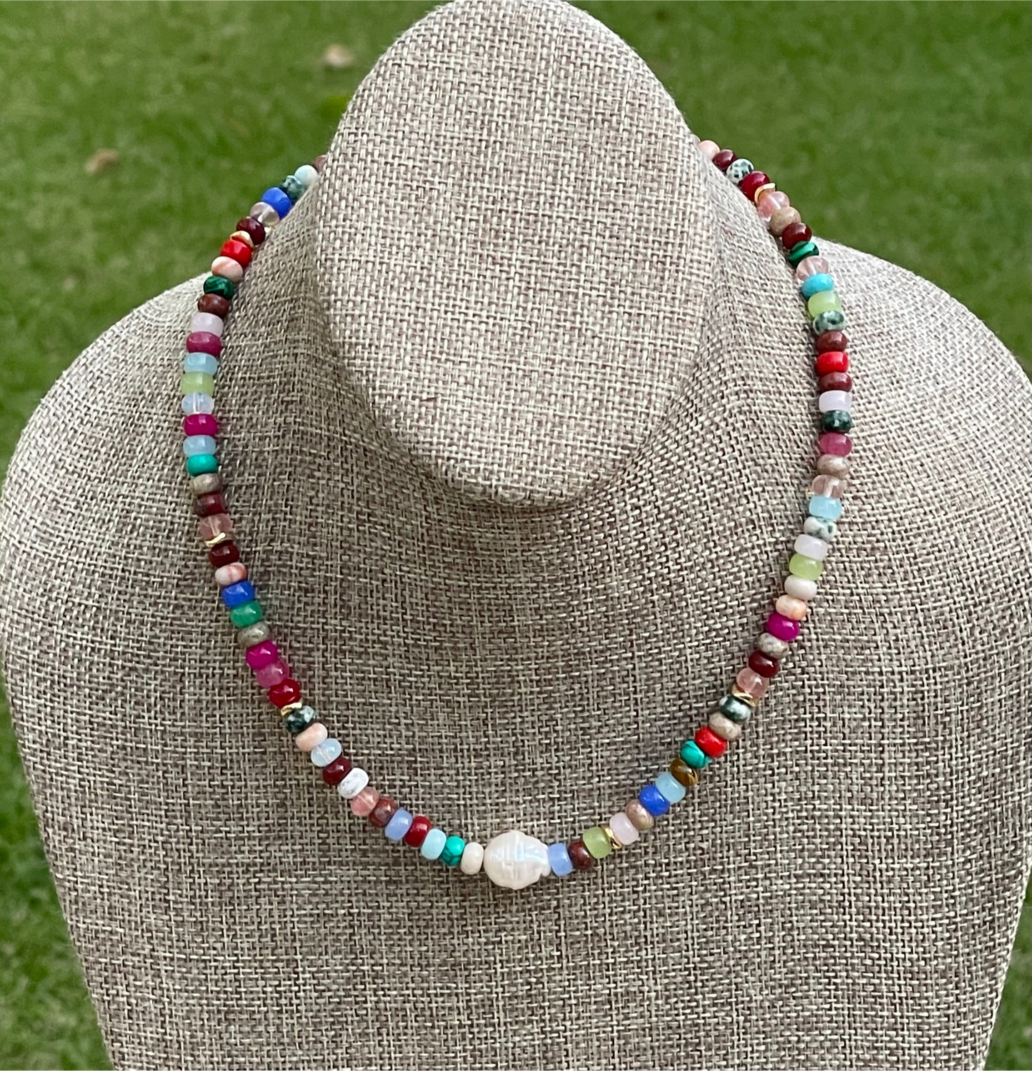 Joie Necklace: Colorful Mix of Natural Gemstones Gold Accent Beads and a Freshwater Baroque Pearl 2 Bead Size Options 6mm or 8mm