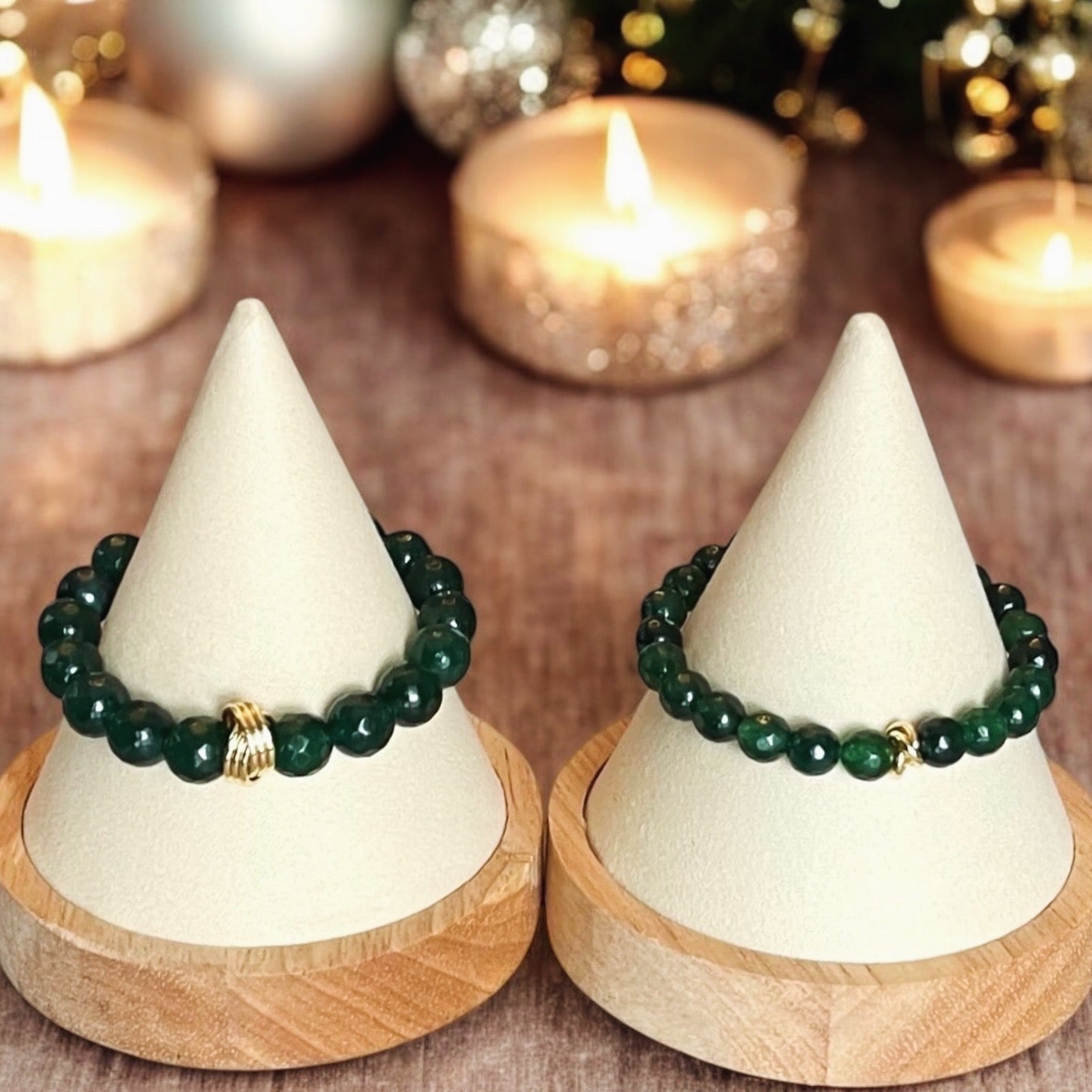 Evergreen Dream Bracelets: 2 Styles Deep green Dyed Quartz faceted beads w/ gold accent bead 8mm Size or 10mm Size