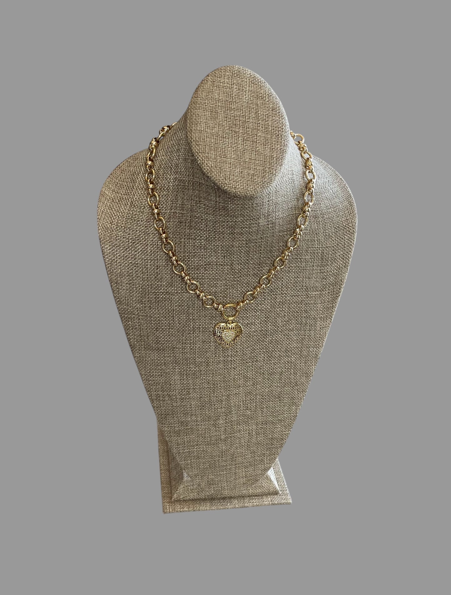 Elysian Gold Necklace: A timeless chain style w/a round clasp/charm holder, classic heart pendant OOAK