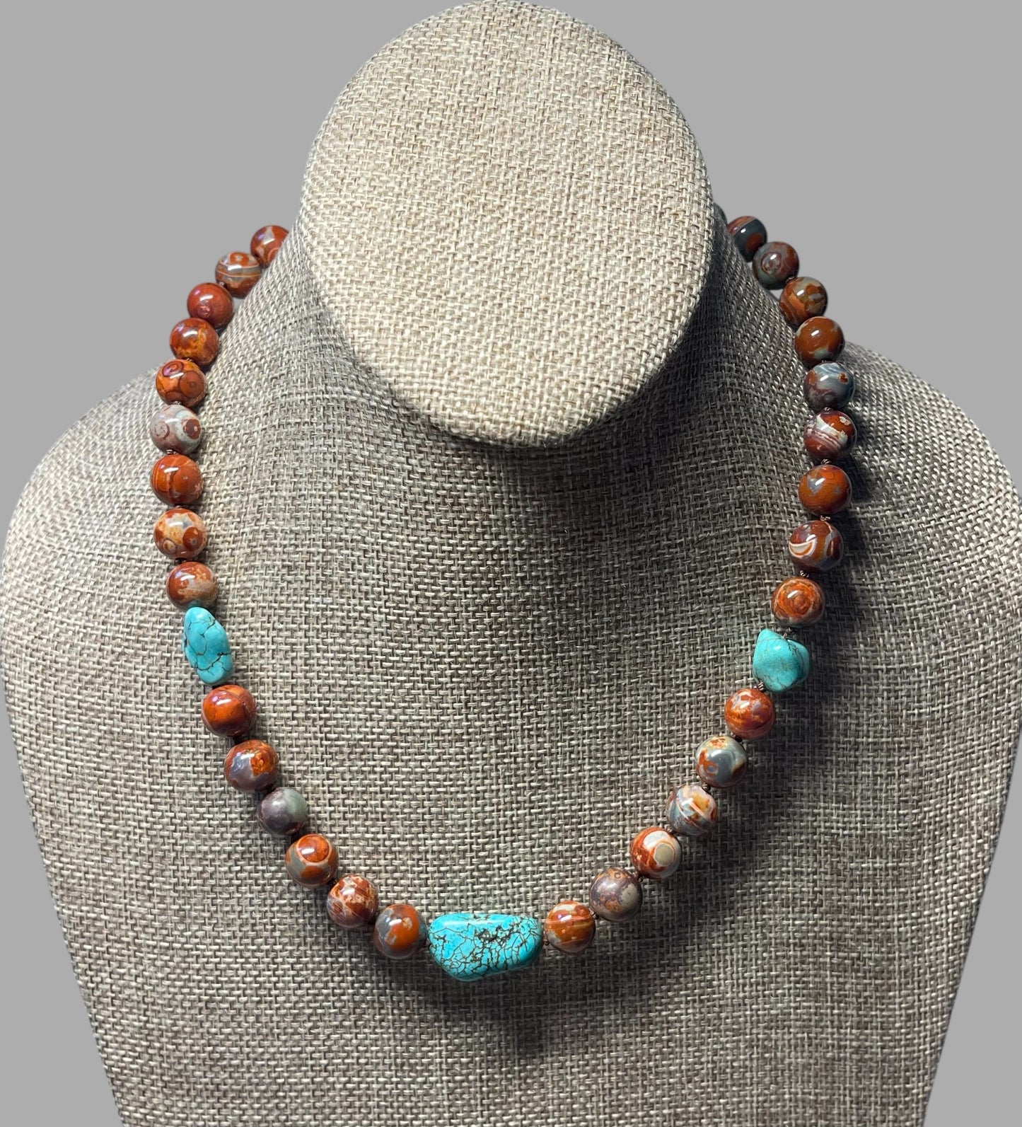Red Copper & Turquoise Necklace: Hand knotted on brown silk, Natural Agate beads and rustic Turquoise, Gold Toggle clasp OOAK
