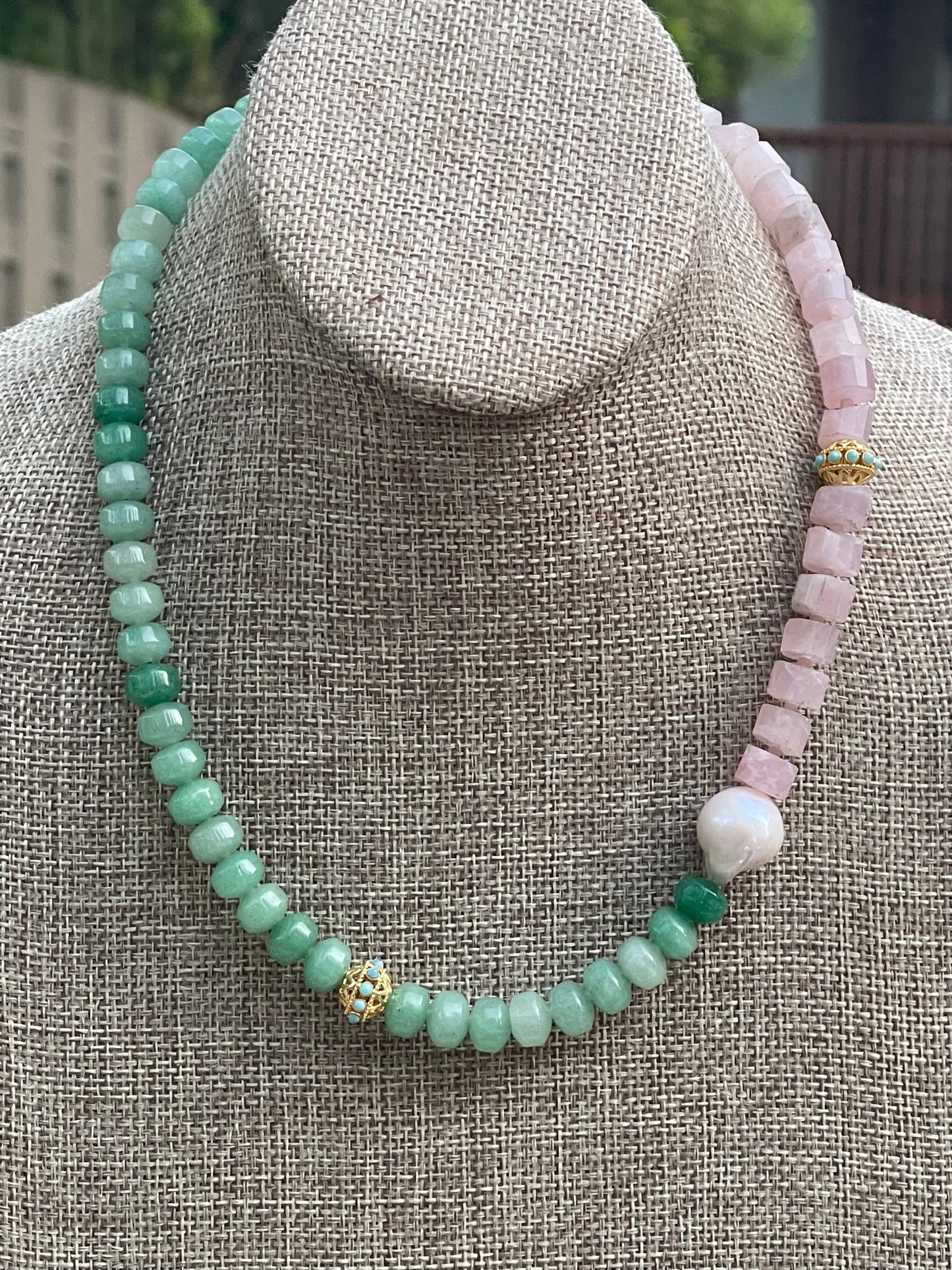 Garden Party OOAK Necklace: Green Aventurine, Rose Quartz, Genuine Baroque Pearl, Pop of Turquoise color in gold accent beads, Gold hook clasp