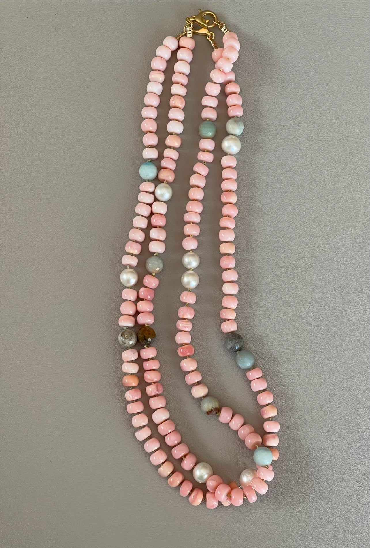 The Audrey Necklace: Natural pink opals hand knotted on pale green silk w Pearls and Amazonite