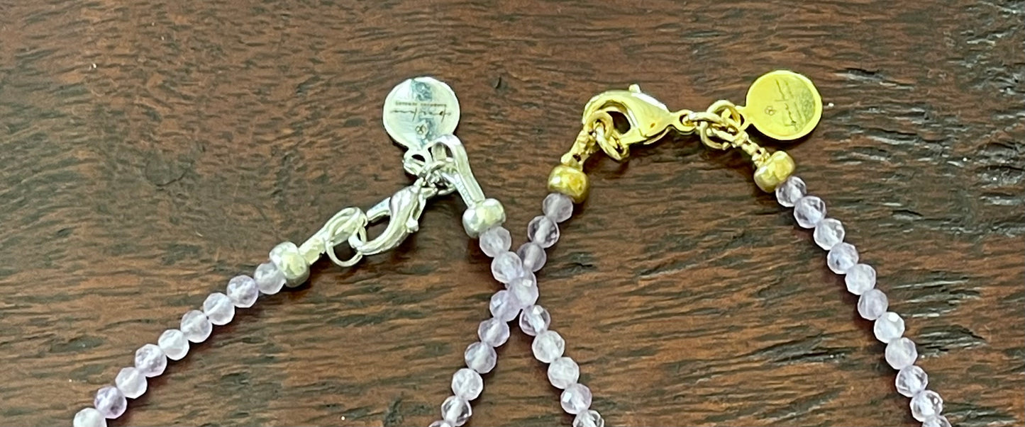 The Amethyst Skinny: Faceted Amethyst gemstones with a bow charm in Gold or Silver