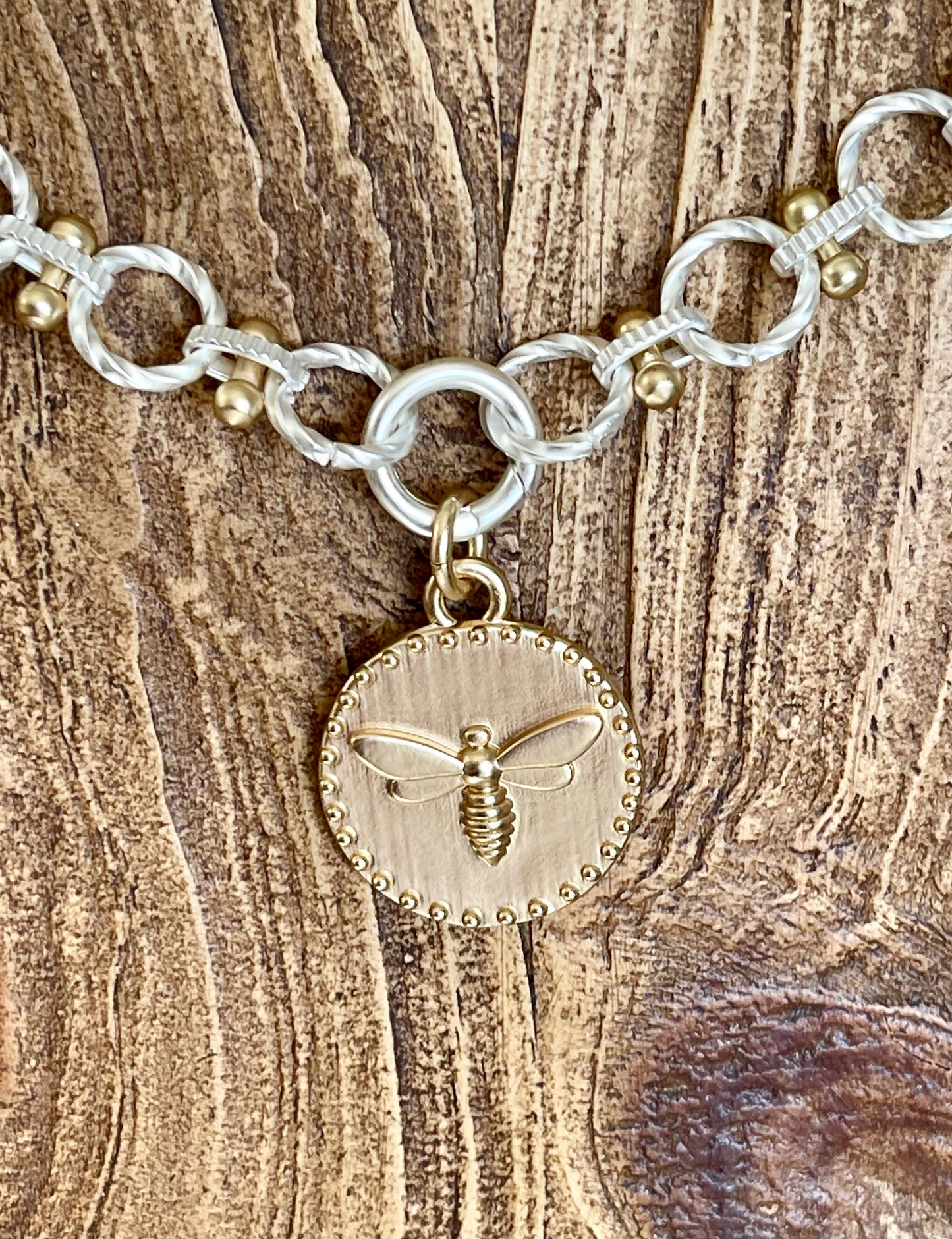 Honey Bee Mine Necklace: Brushed Silver and Gold Plated with Bee Charm Front Closure Clasp OOAK