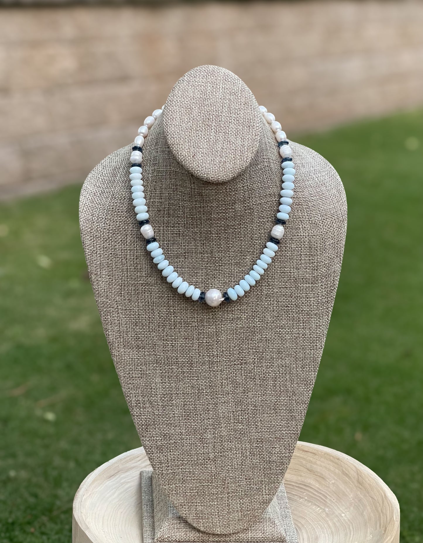 Coastal Charm Necklace OOAK: Pale blue opals AAA quality pearls London blue topaz Brushed silver clasp