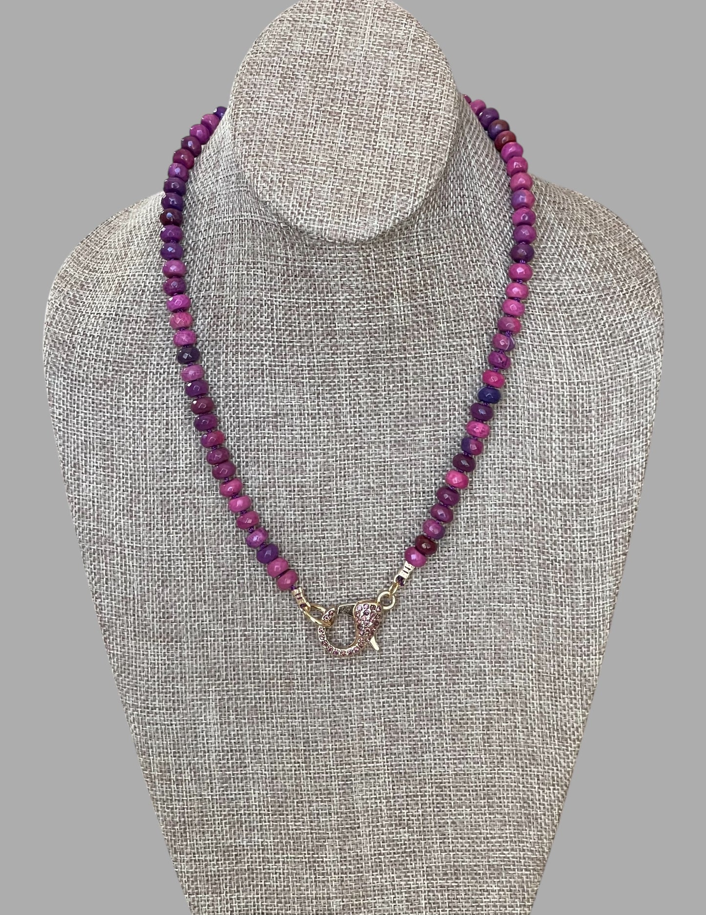Cascadia Bloom Necklace: 2 Options- Dyed Agate faceted beads Hand knotted on silk, one w/ hot pink silk and hot pink pavé clasp and the other on purple silk w/ purple pavé clasp