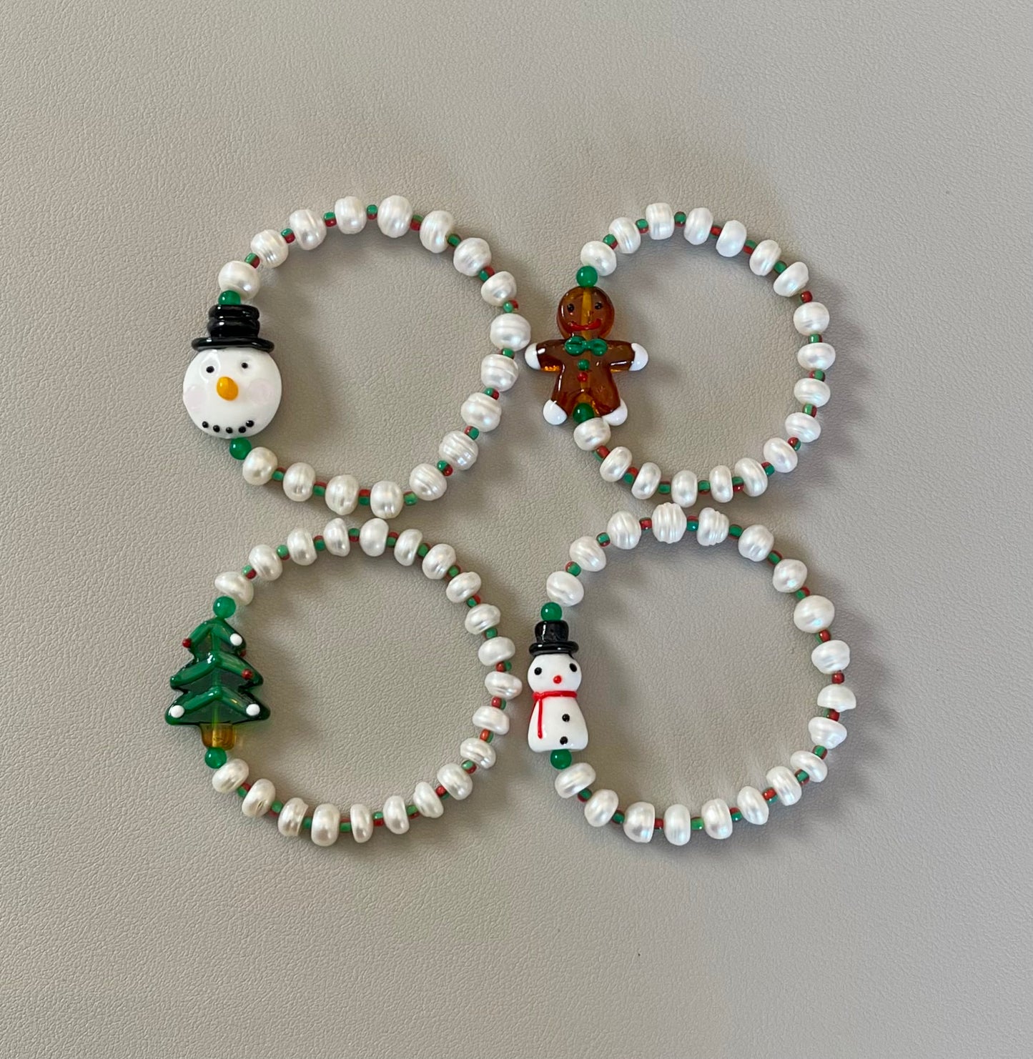 Holiday Snowball Bracelets: Hand painted glass centerpiece on a Freshwater Pearl stretch bracelet FREE SHIPPING