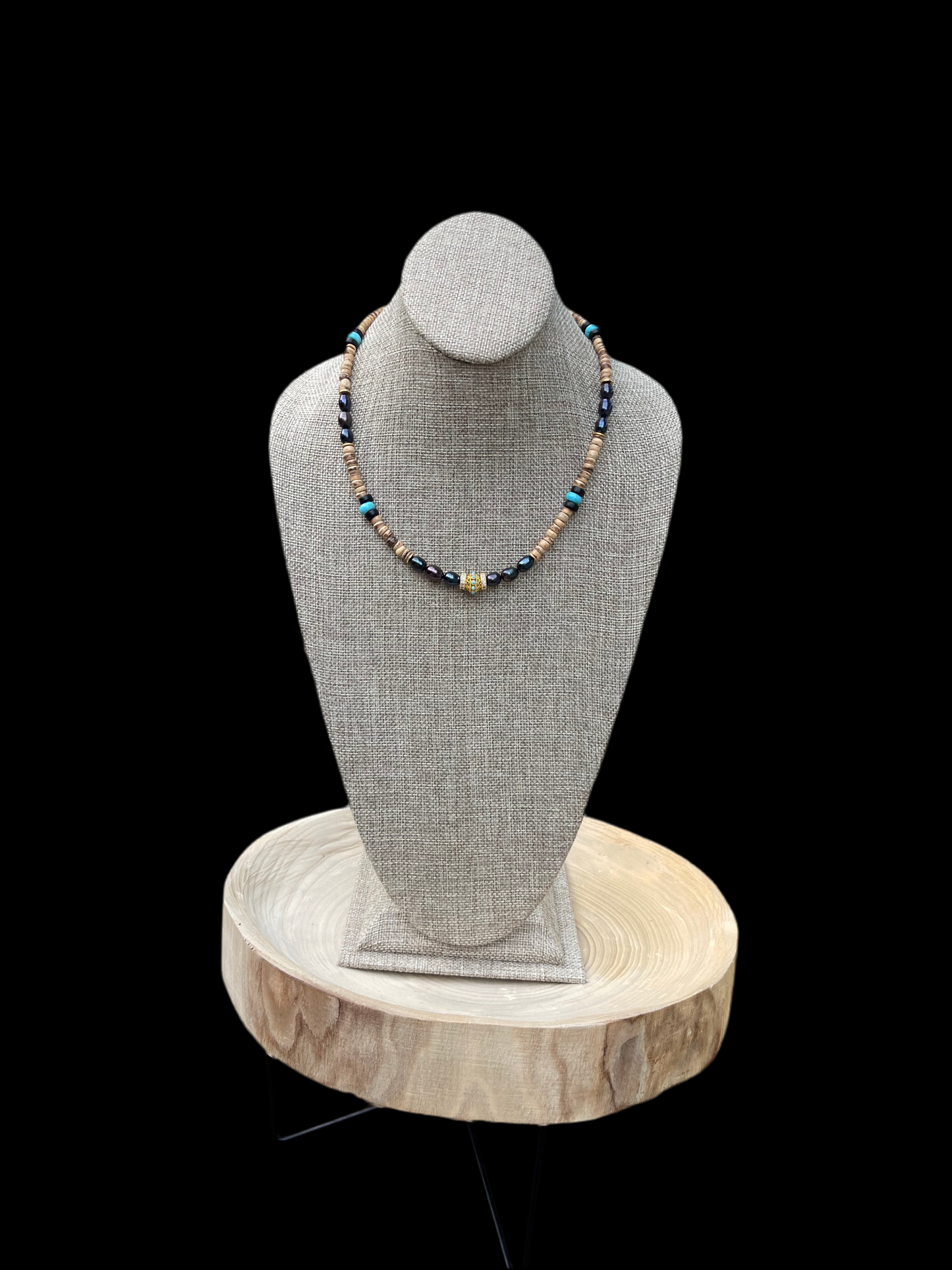 Coconut Midnight Pearl Necklace: Coconut Shell, Freshwater midnight Pearls, Turquoise & gold accents OOAK
