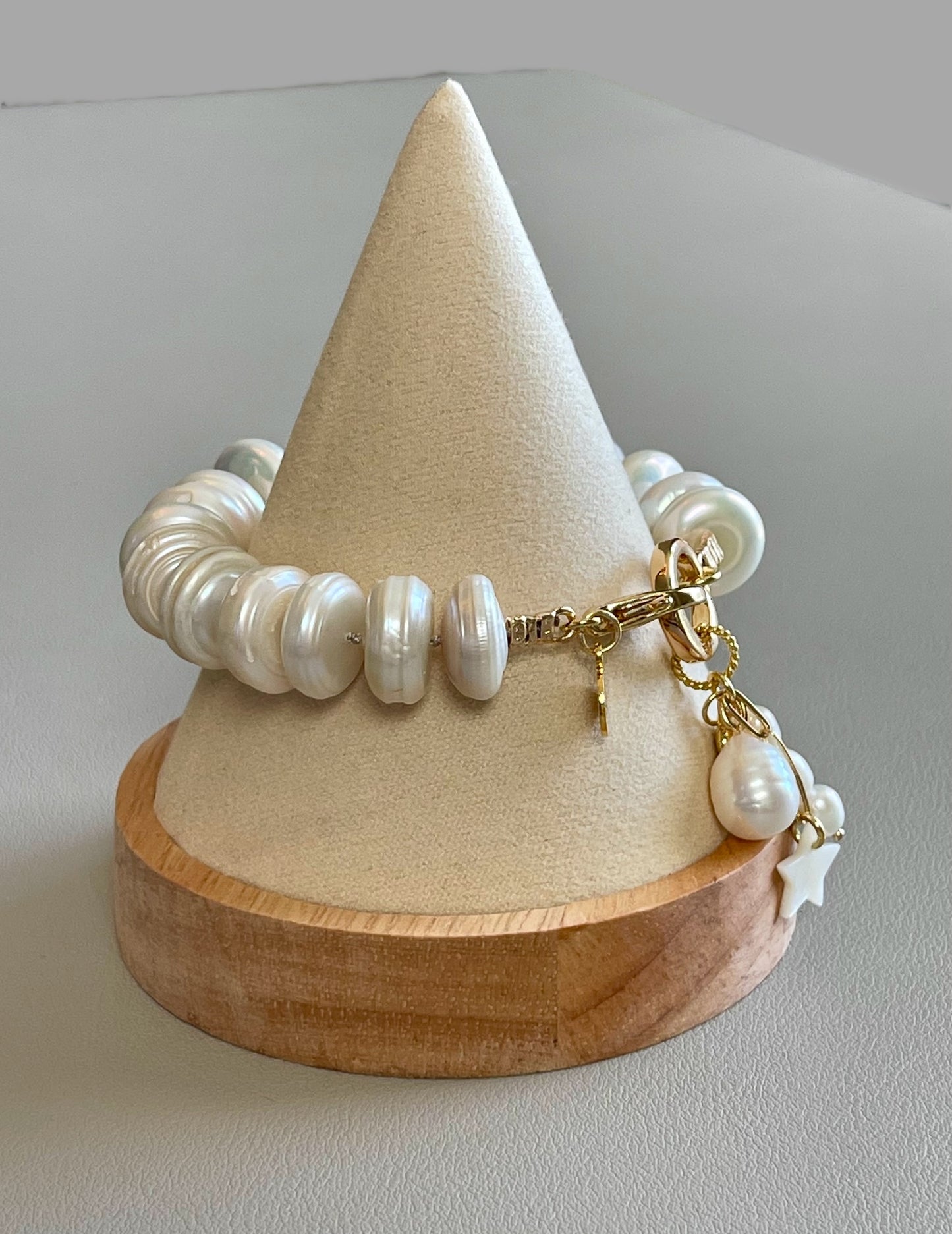 The Haven Bracelet: Coin shaped Pearls Hand-knotted on silk, Gold filled clasp/charm holder