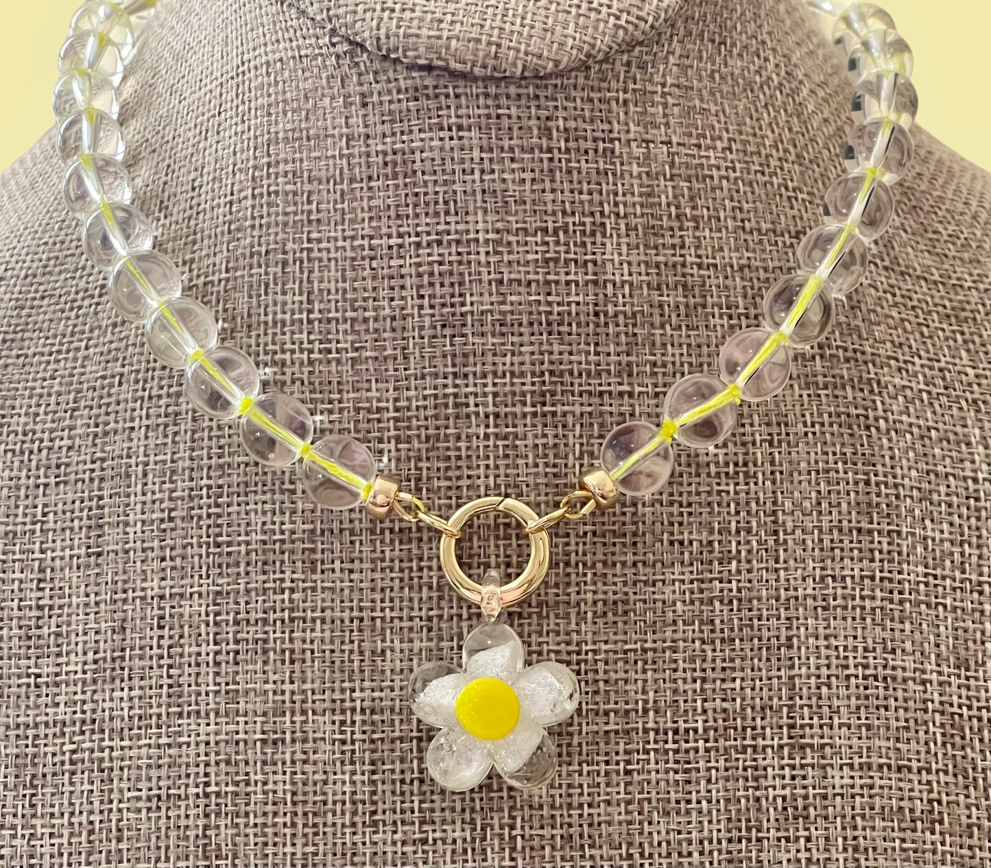 Bright Bubble Necklace: Clear Glass Bubble Beads Handknotted on Neon Yellow Silk Thread Gold Circle Clasp Handmade Glass Daisy Pendants 2 Bead Options: 8mm or 10mm