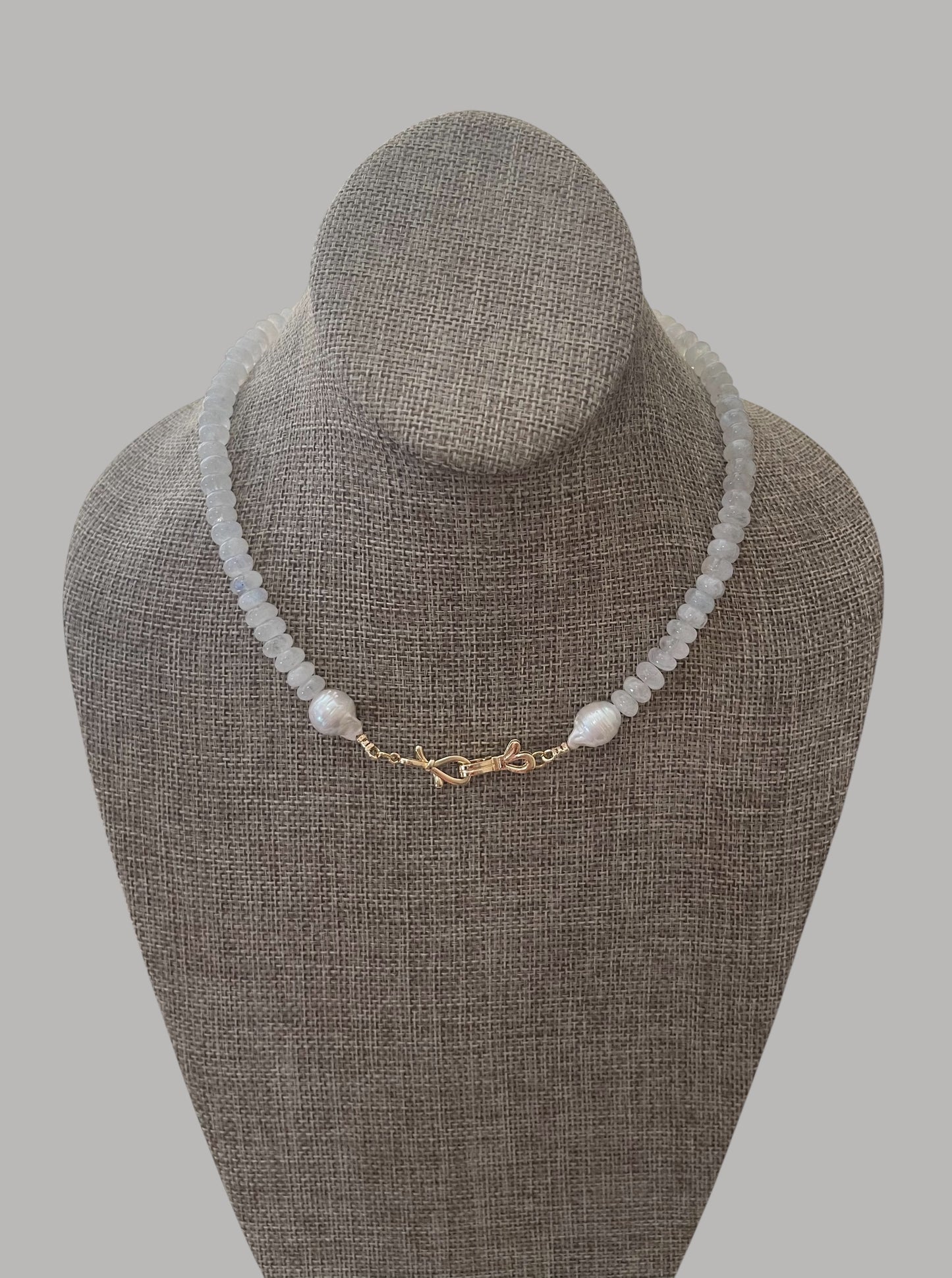 Bijou de Lune Necklace: High quality Moonstone beads, Baroque Pearls and a double bow gold clasp Wear 3 different ways OOAK