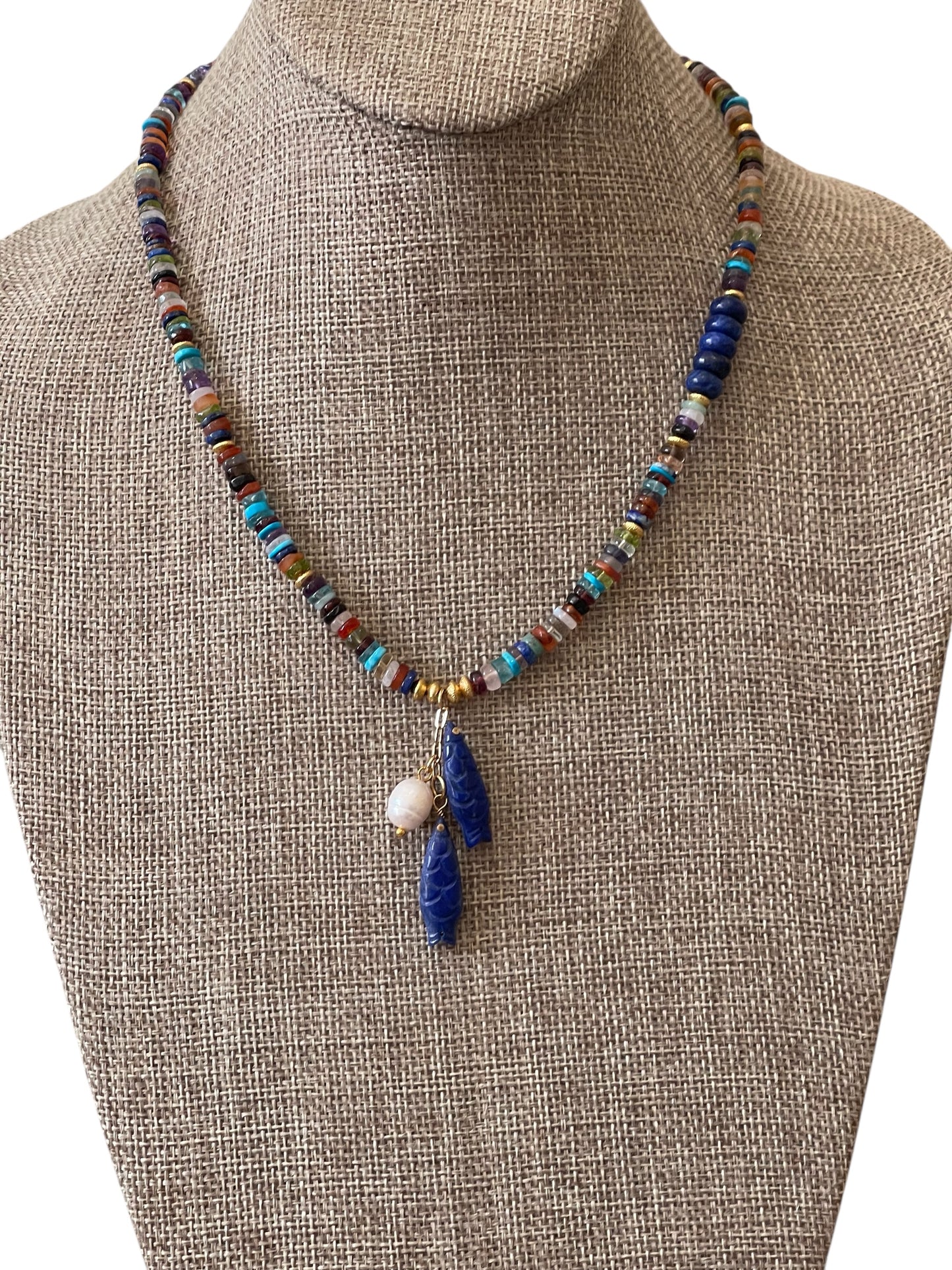 Catch O’ the Day Necklace: Mixed Multi Gemstones w Lapis & gold accents Lapis fish & Pearl Charms OOAK