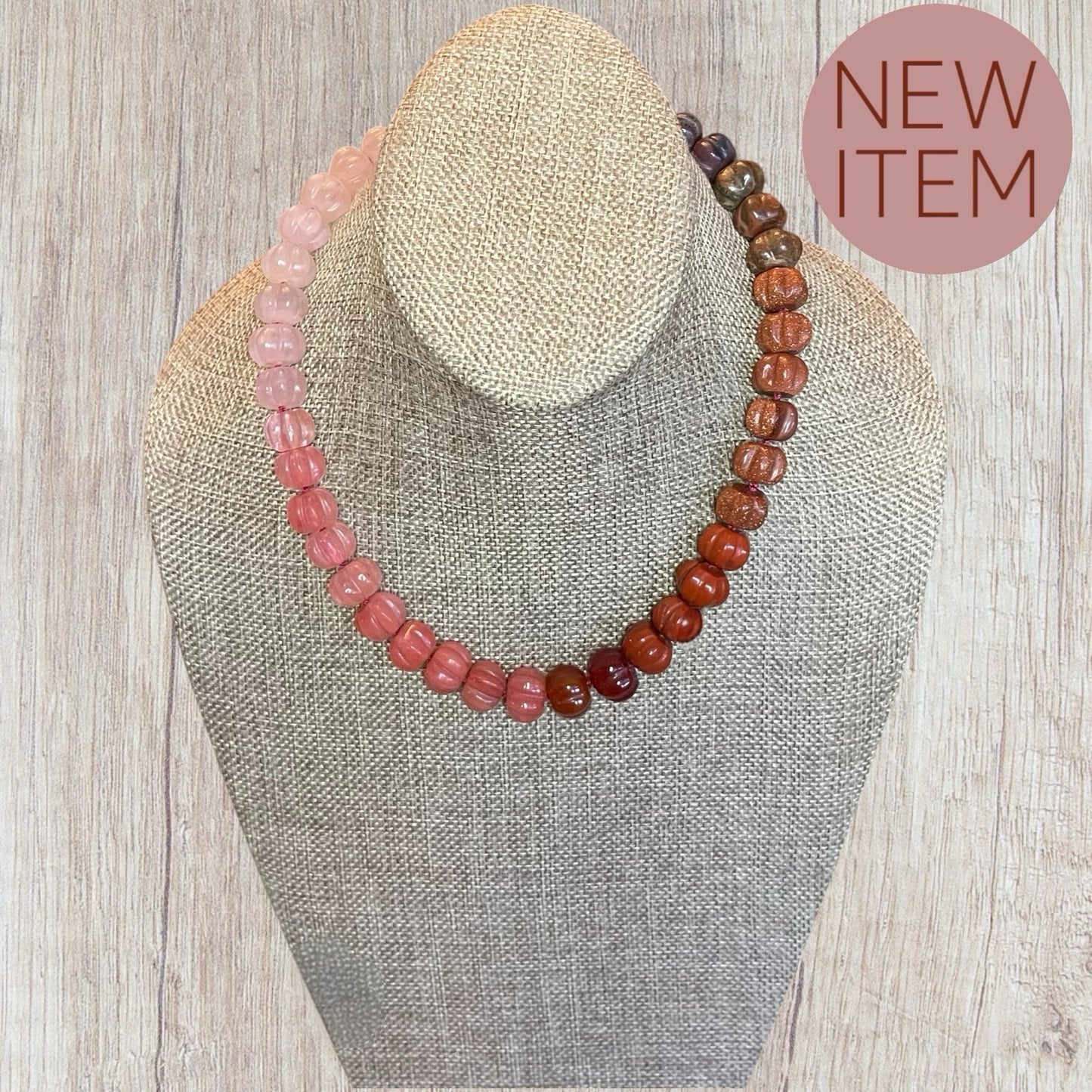Ombré Roses Necklace OOAK: A stunning mix of hand-carved Gemstones, hand-knotted on pink silk