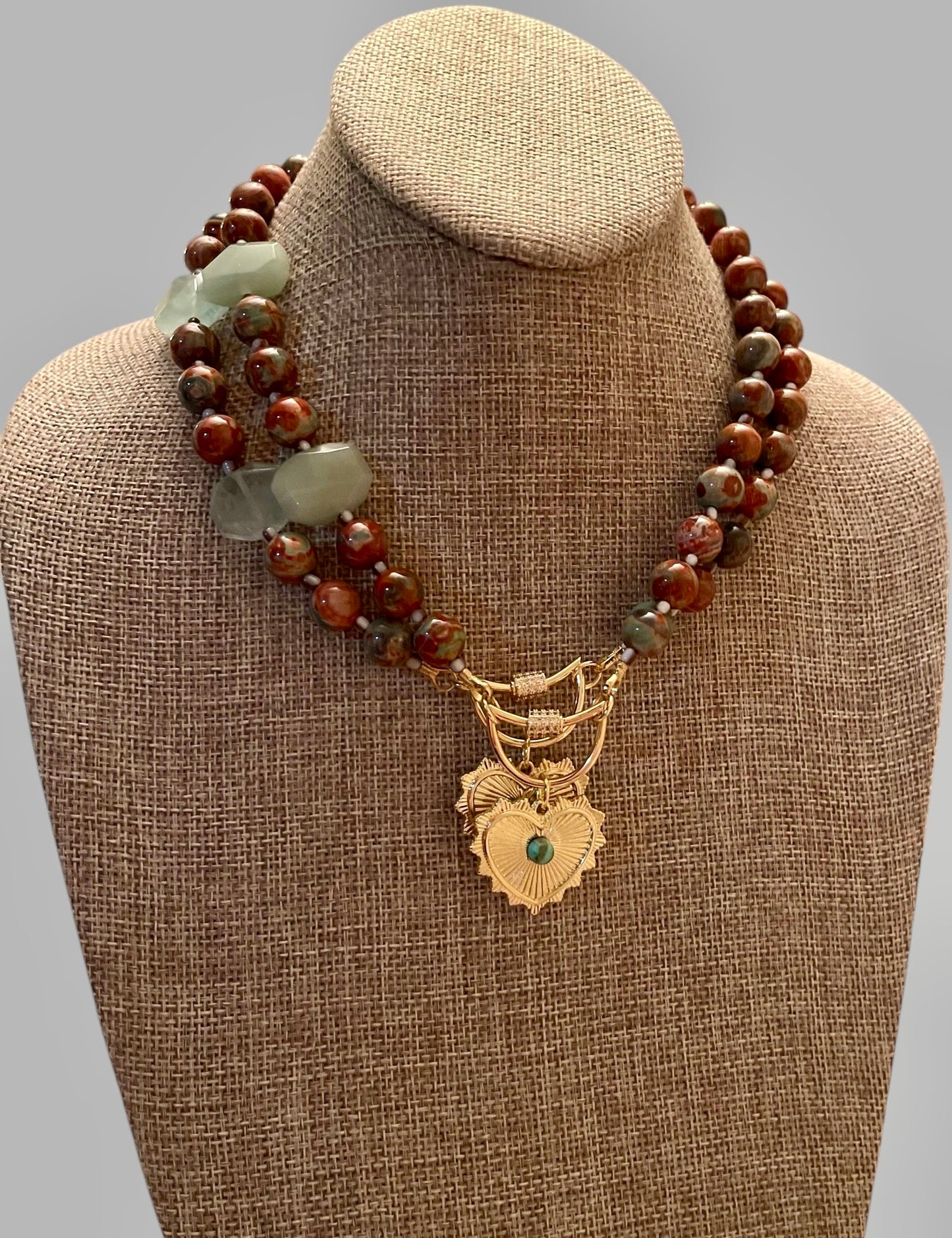 Heirloom Heart Necklace: Red Copper & Sage Agate beads with Green accent stones and a heart pendant