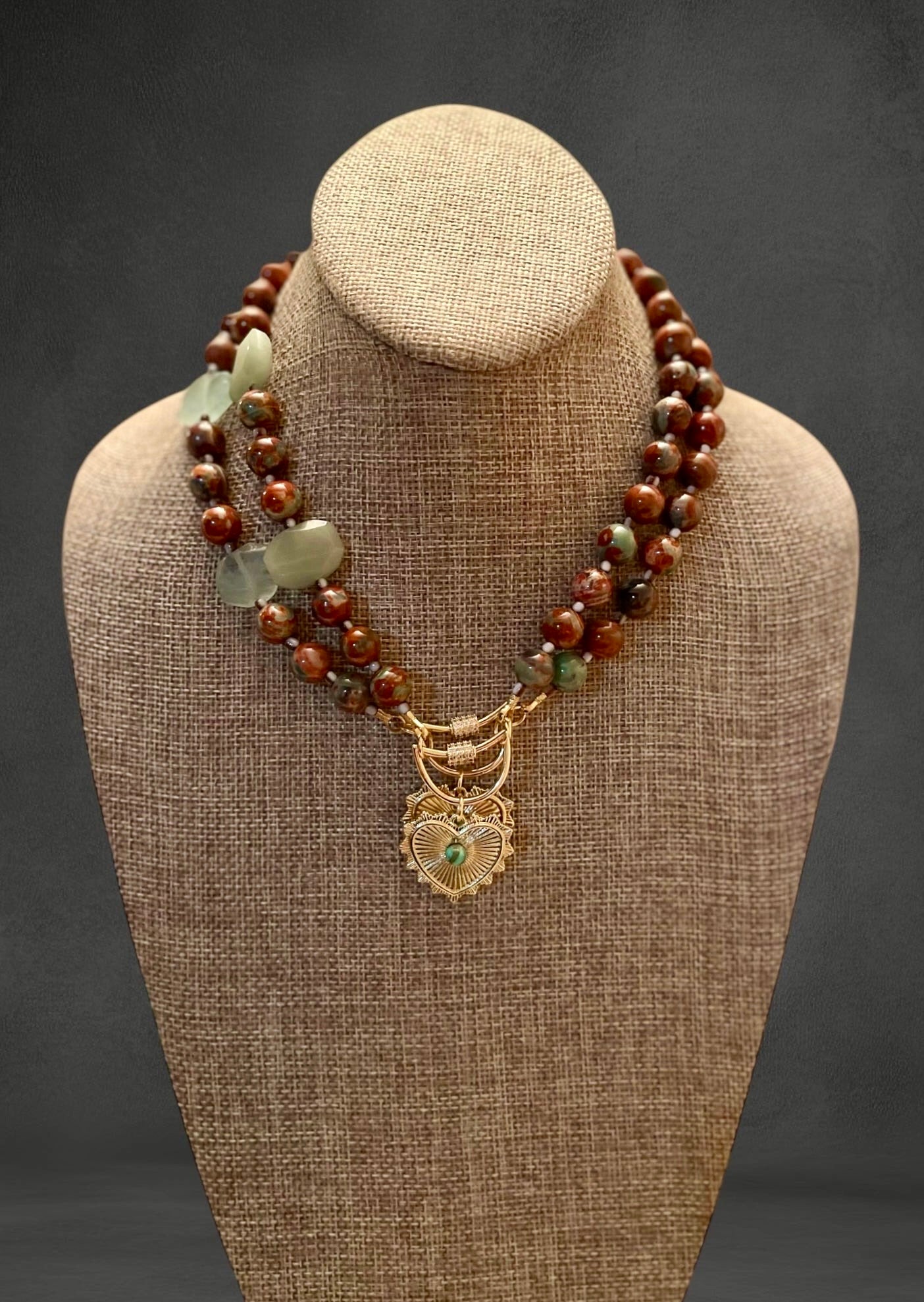 Heirloom Heart Necklace: Red Copper & Sage Agate beads with Green accent stones and a heart pendant