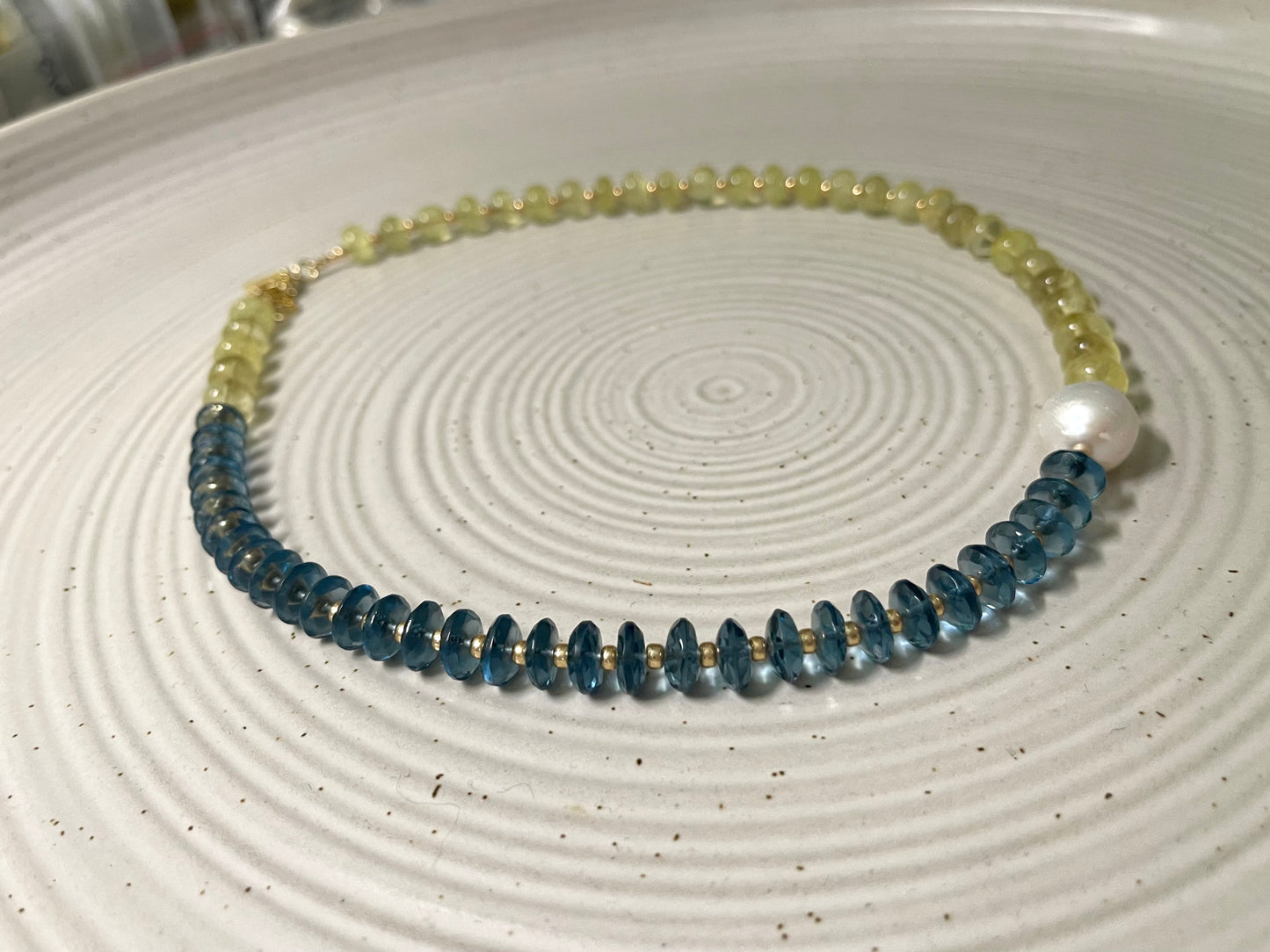 Lemon London Necklace: Lemon Quartz and London Blue Topaz Gemstone Beads Gold Accents Baroque Pearl Center OOAK
