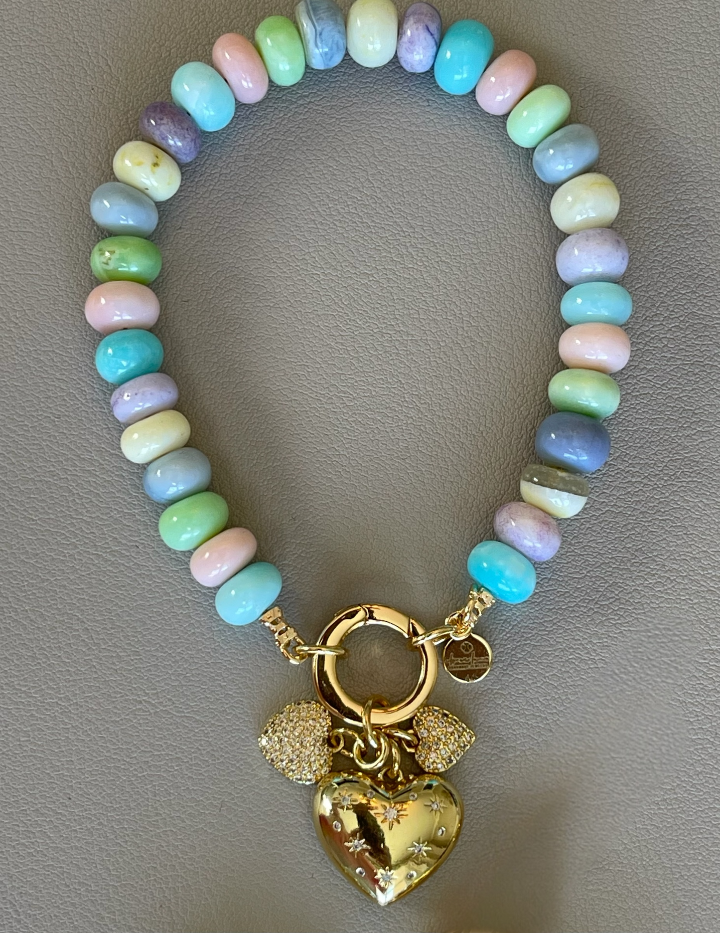 Candy Opal Hearts Bracelet: Candy colored Opals with gold CZ accent charms and gold clasp OOAK