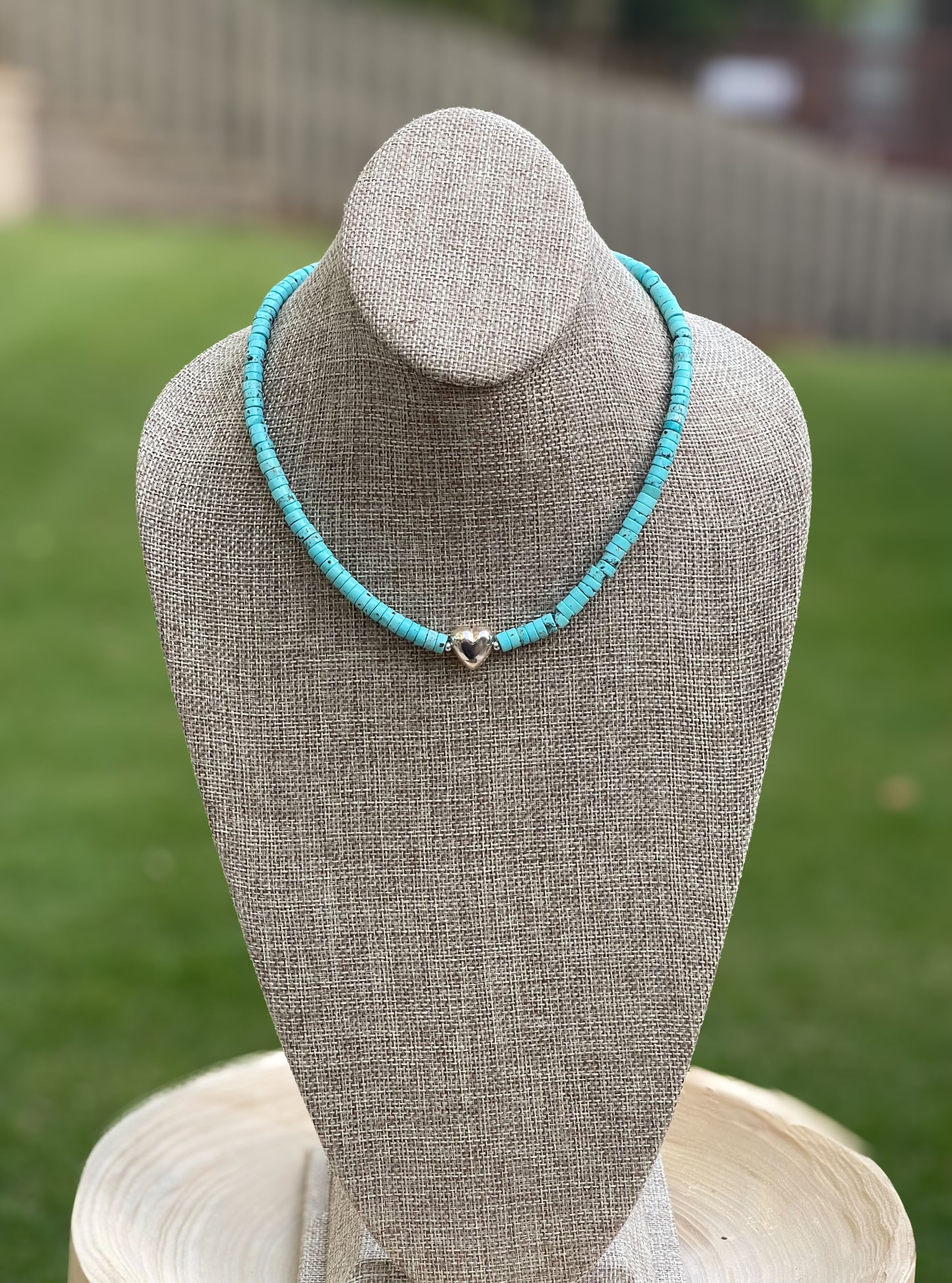 The Wynona Necklace: Stabilized Kingman Turquoise Heishi beads Sterling Silver center heart OOAK