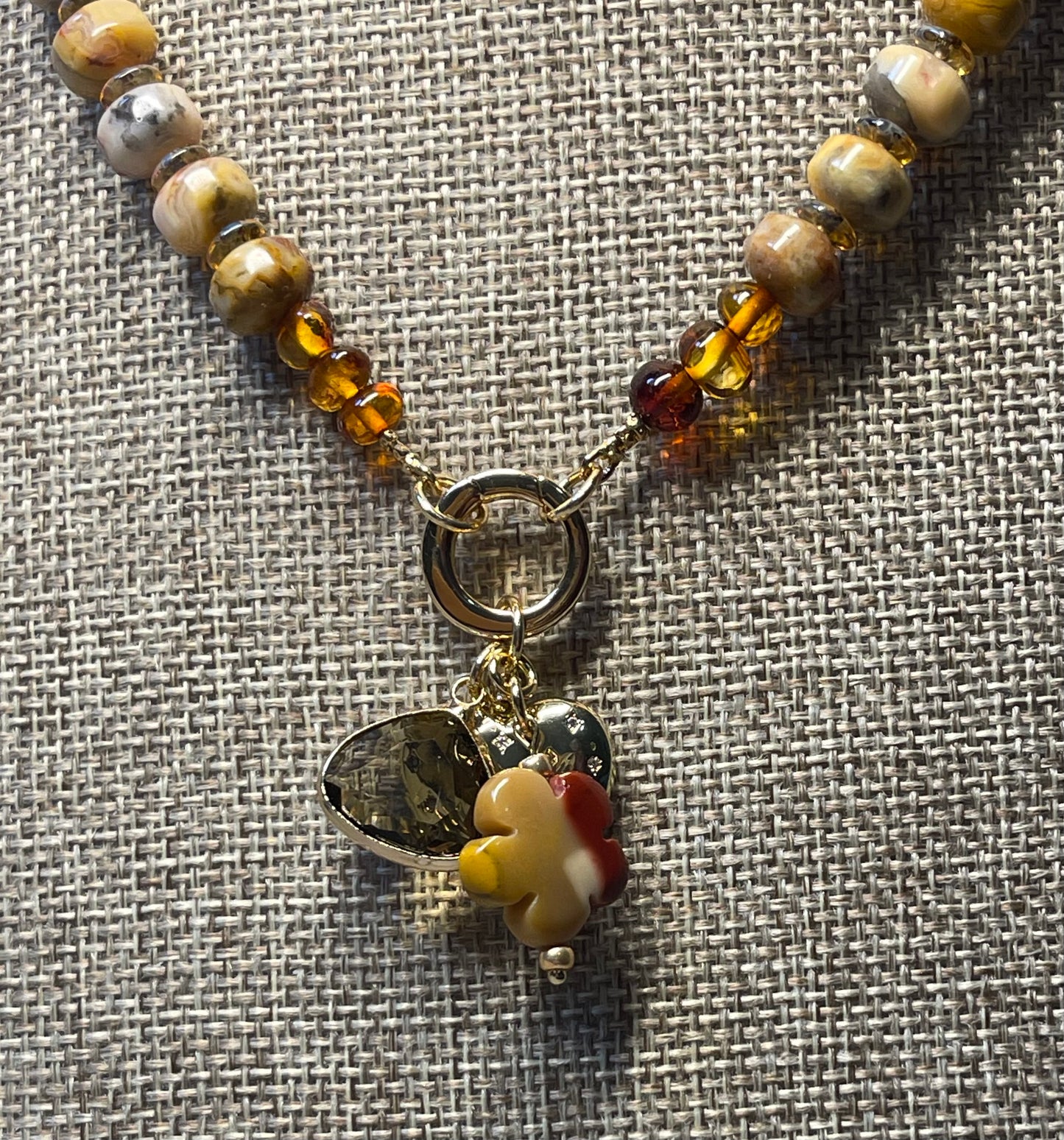 Autumn’s Embrace Necklace: Crazy Lace Agate natural stones in warm tones, Accented w Czech glass, Baltic stones and Gold charms