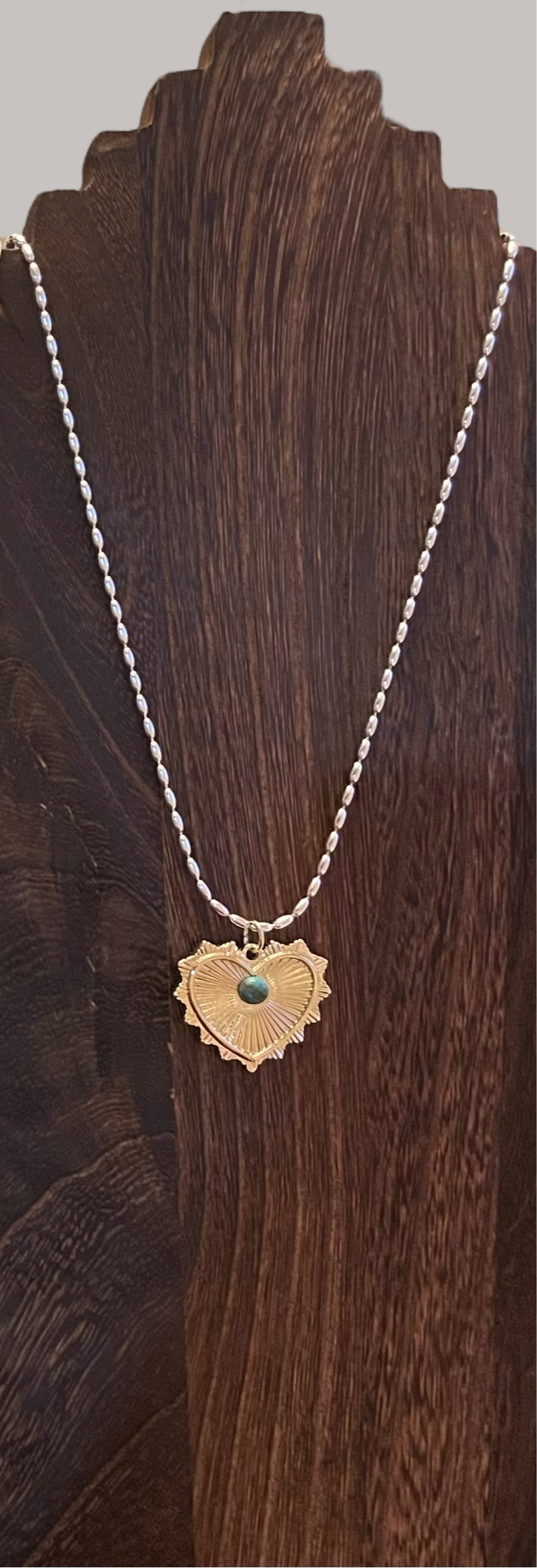 The Sierra Necklace: OOAK Sterling Silver rice shaped chain with a gold heart pendant sporting a genuine turquoise stone centerpiece