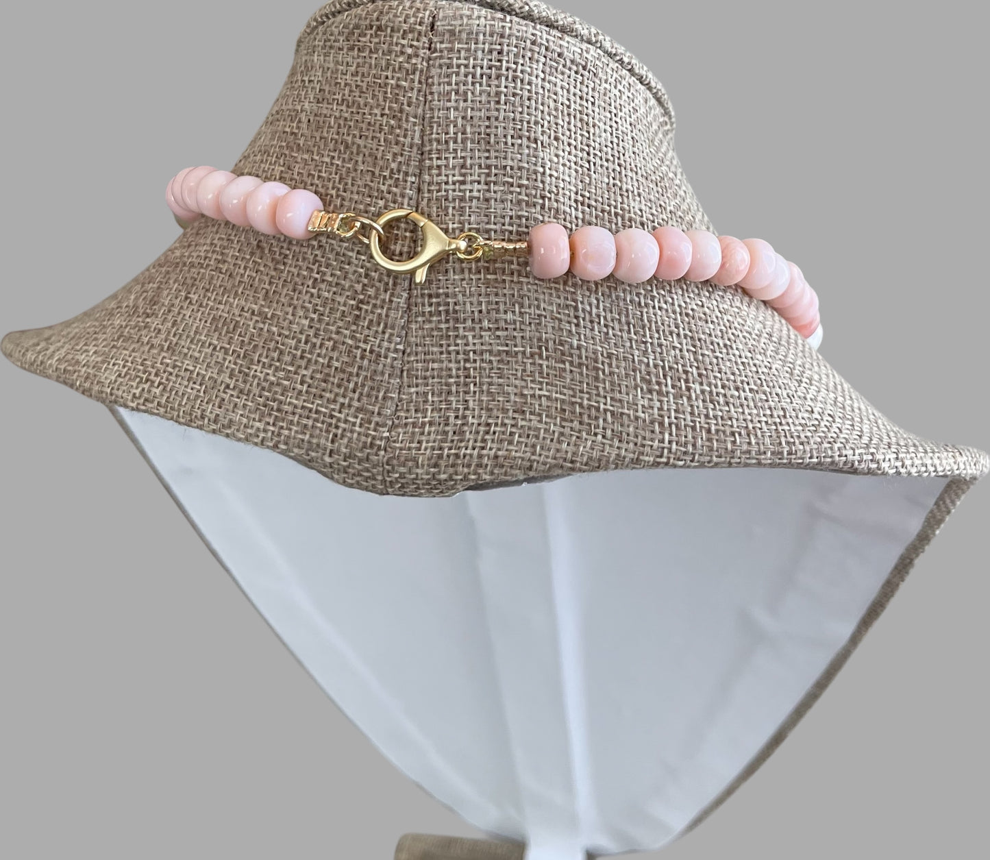 The Audrey Necklace: Natural pink opals hand knotted on pale green silk w Pearls and Amazonite