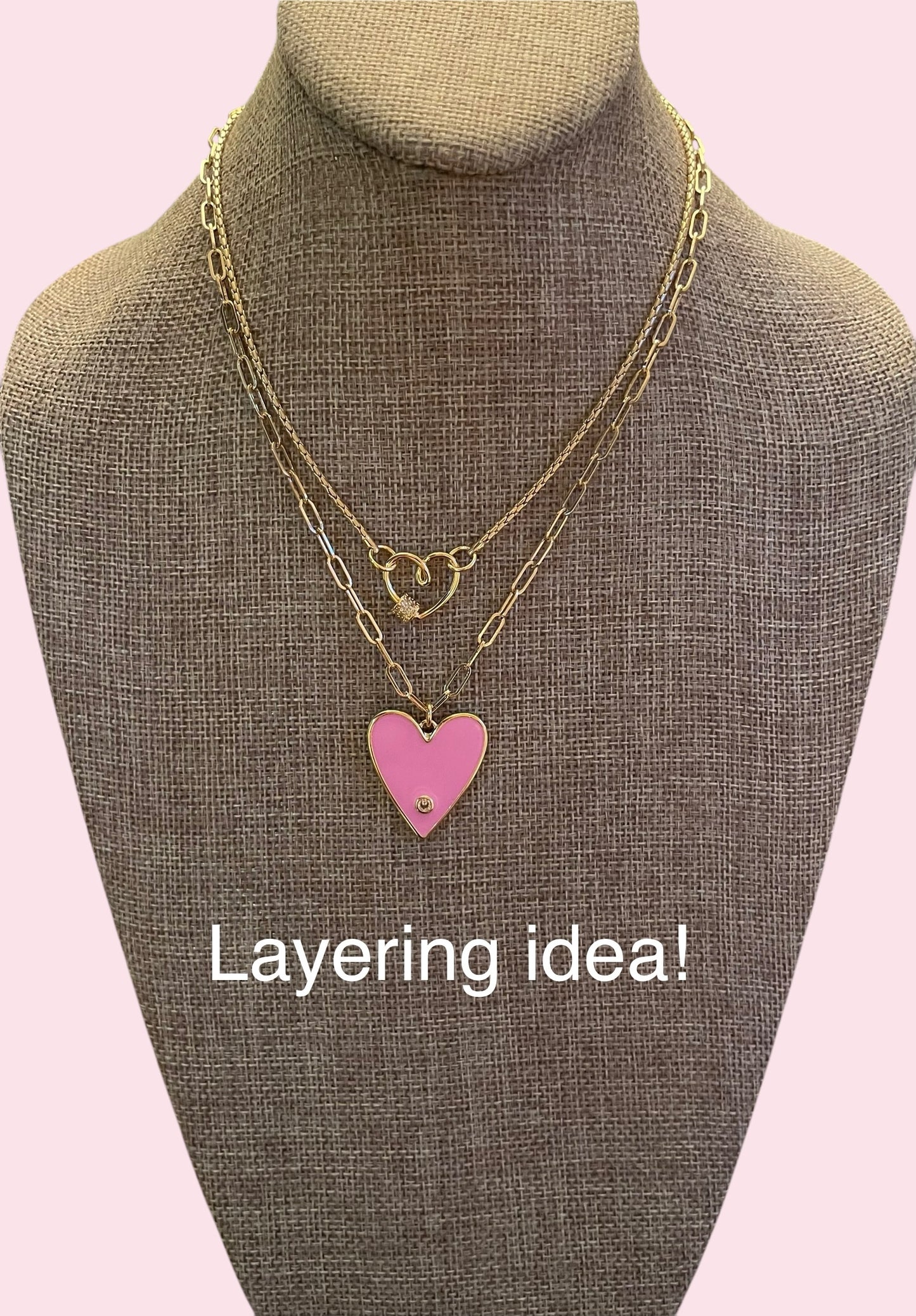 Pretty Paperclip Necklace: Gold Paperclip chain with gorgeous enameled heart pendant OOAK
