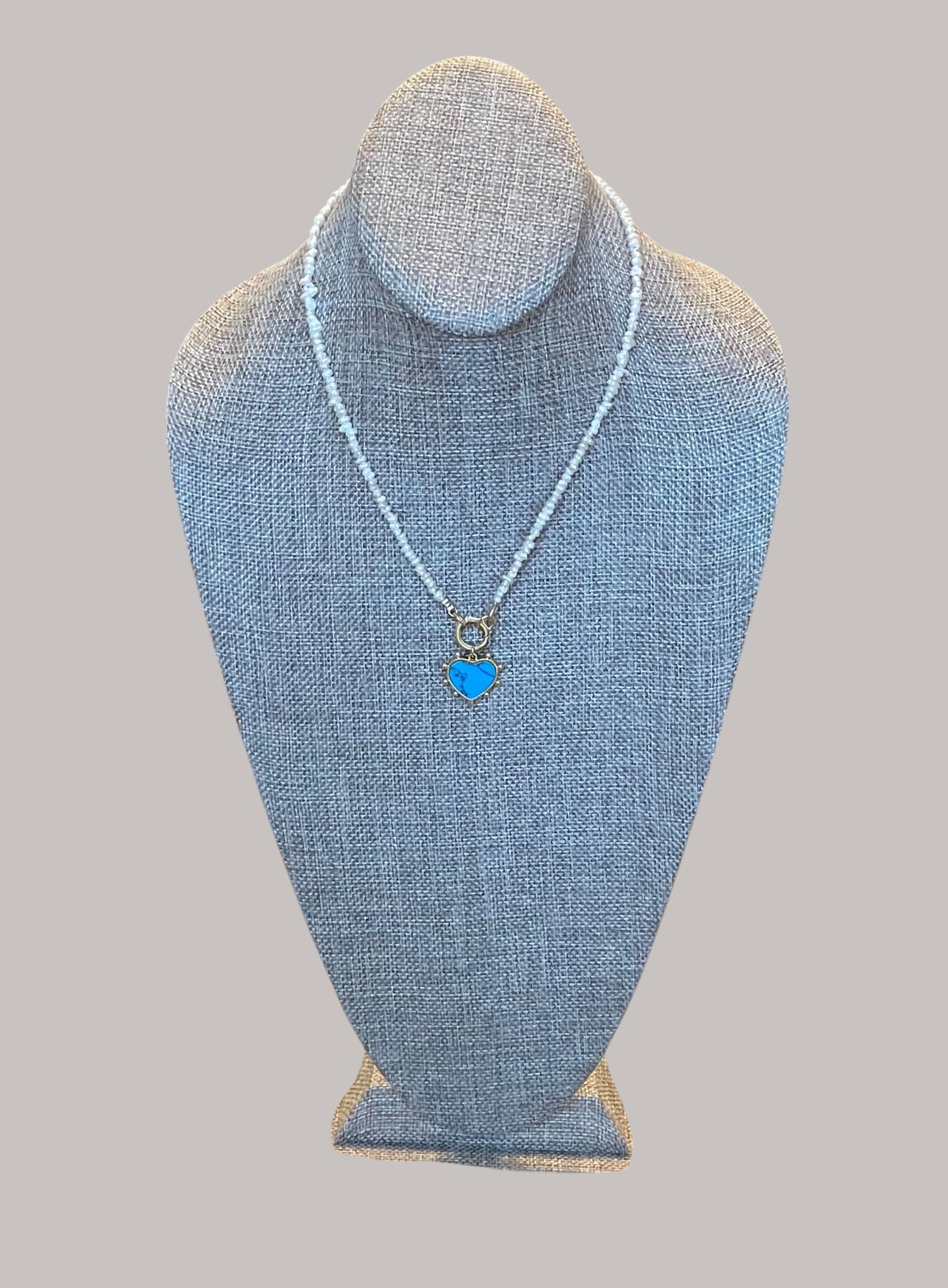 The Azure Heart Necklace: Petite rustic freshwater pearls, gold and turquoise clasp/charm holder Adorable faux turquoise heart charm OOAK