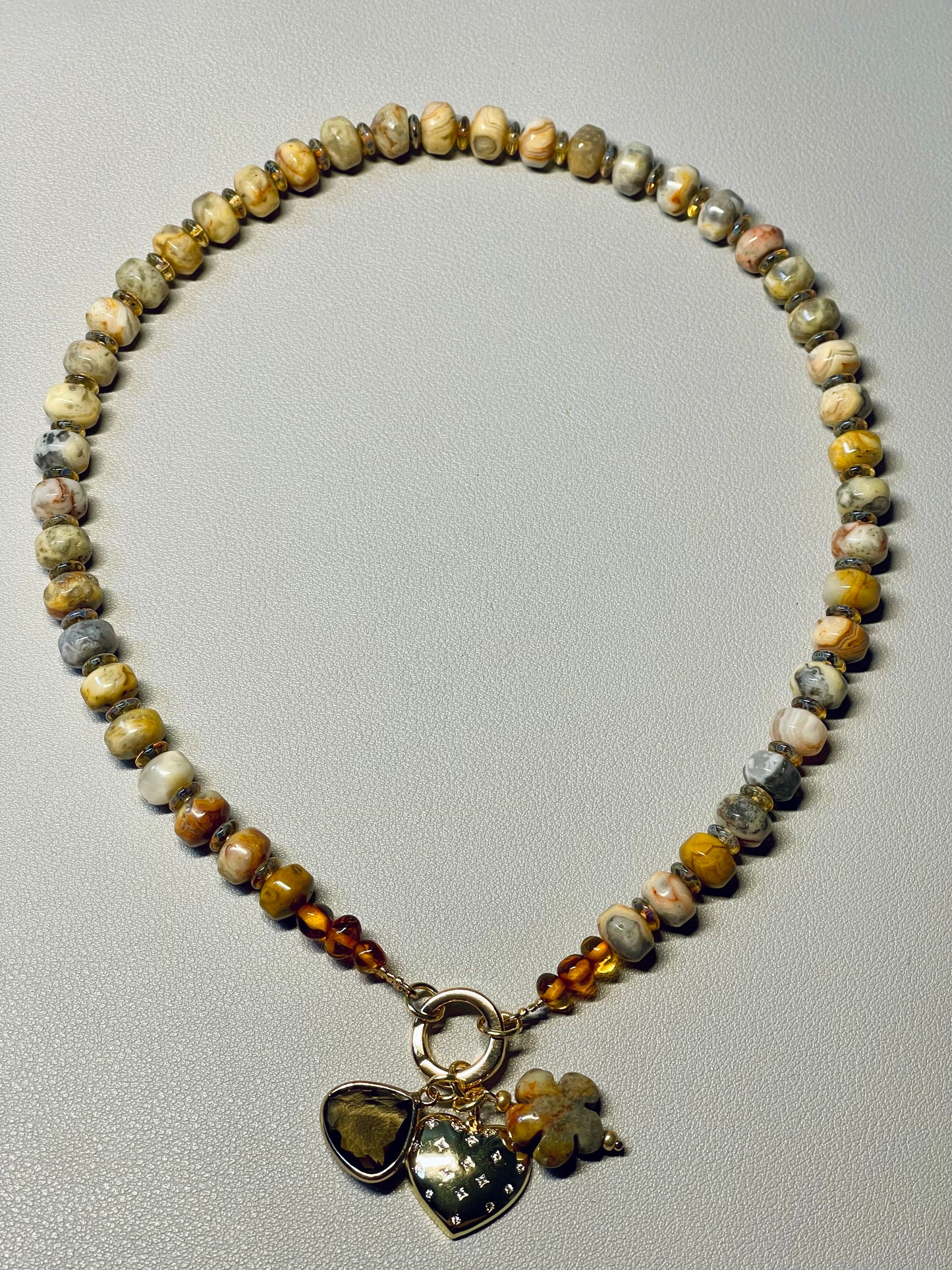Autumn’s Embrace Necklace: Crazy Lace Agate natural stones in warm tones, Accented w Czech glass, Baltic stones and Gold charms